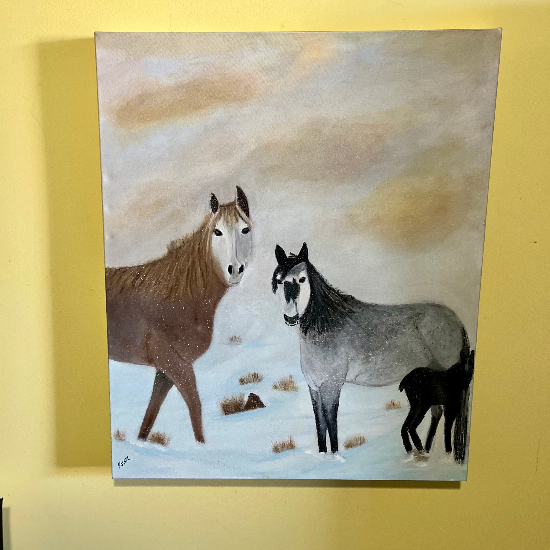 Wild horses in the snow, acrylic painting