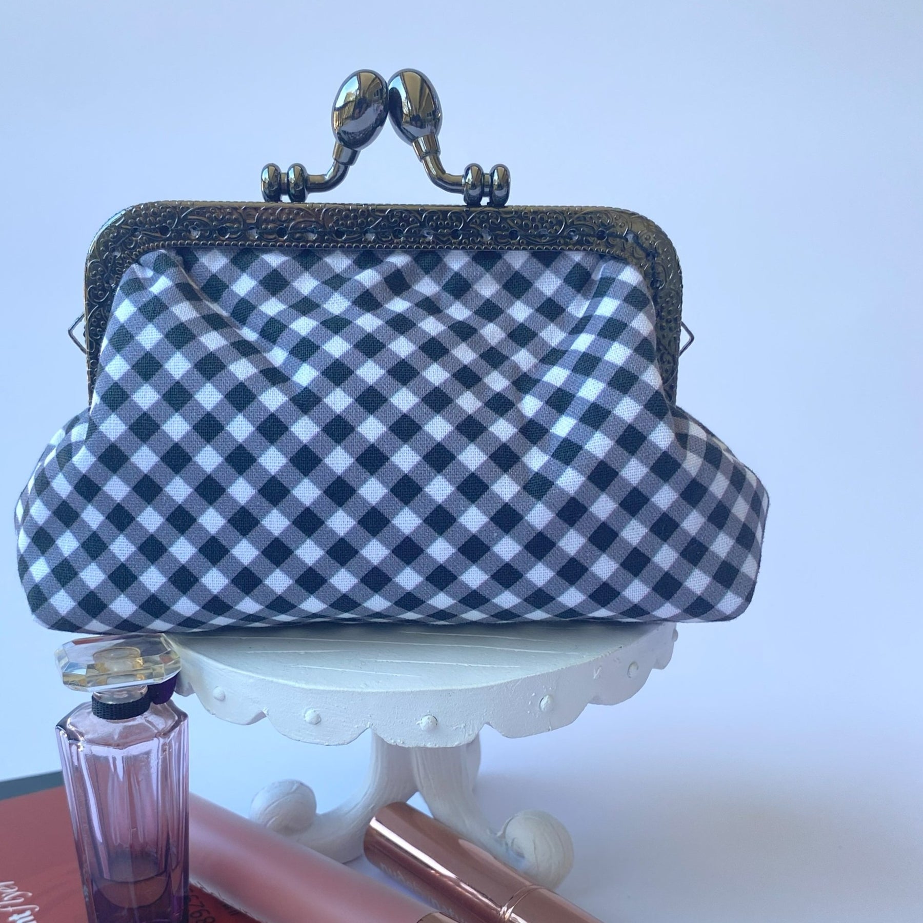 Small coin or cosmetic purse - black and white gingham