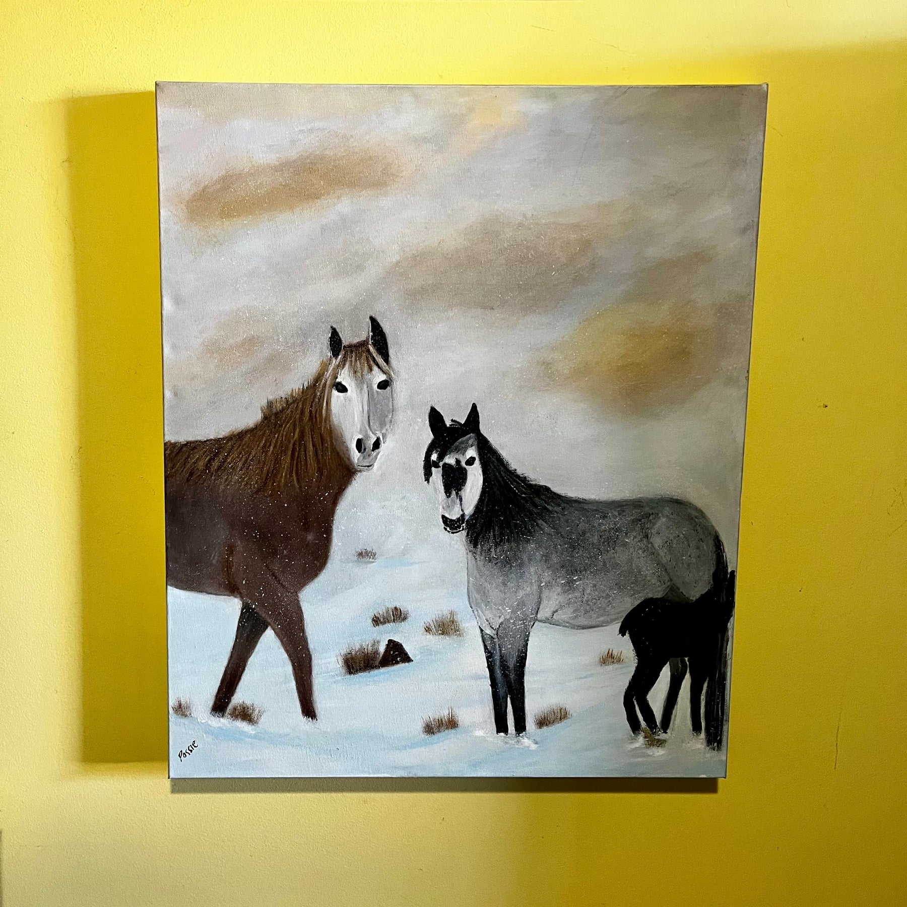 Wild horses in the snow, acrylic painting