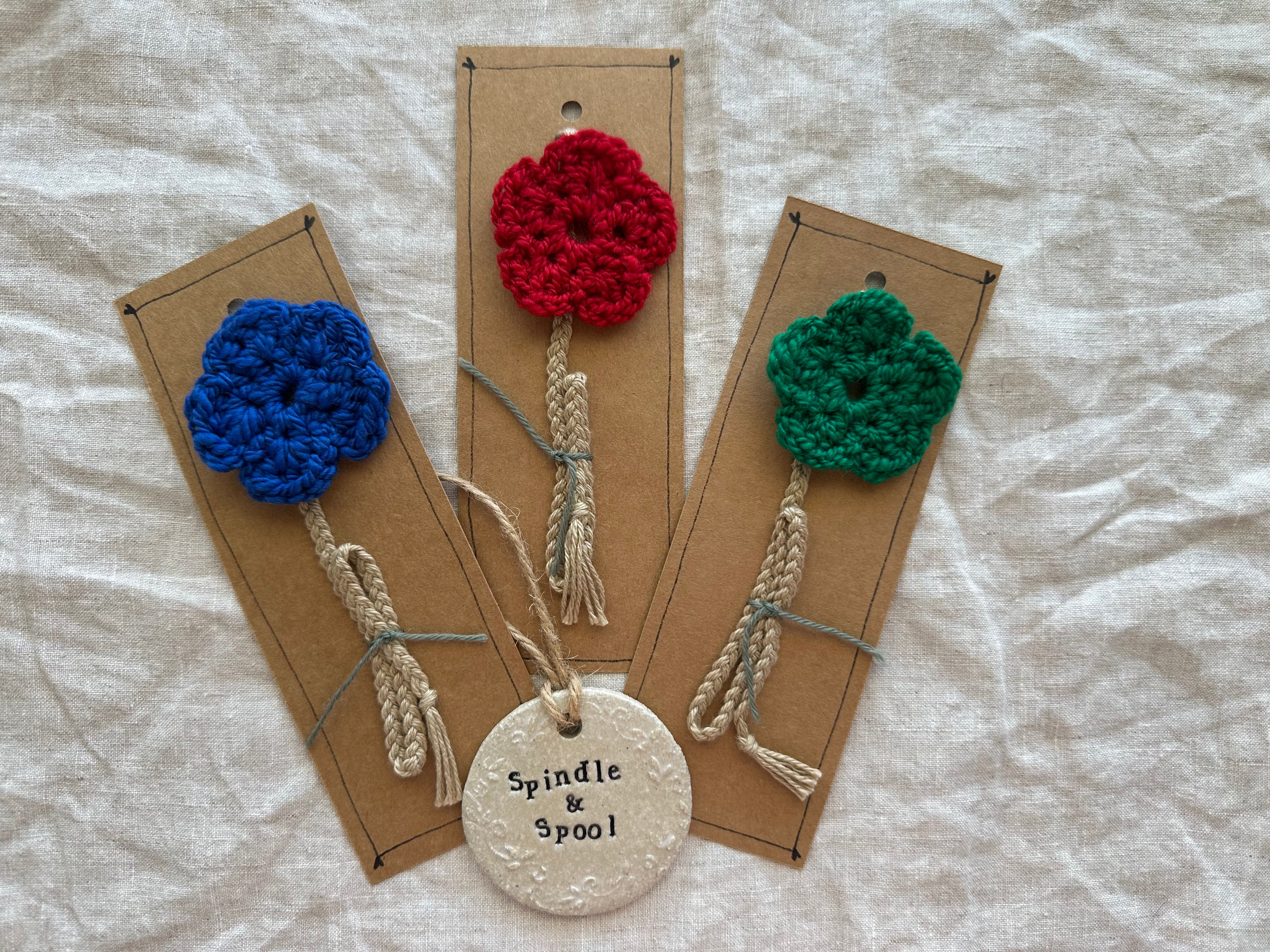 Handspun Crocheted Flower Bookmarks
