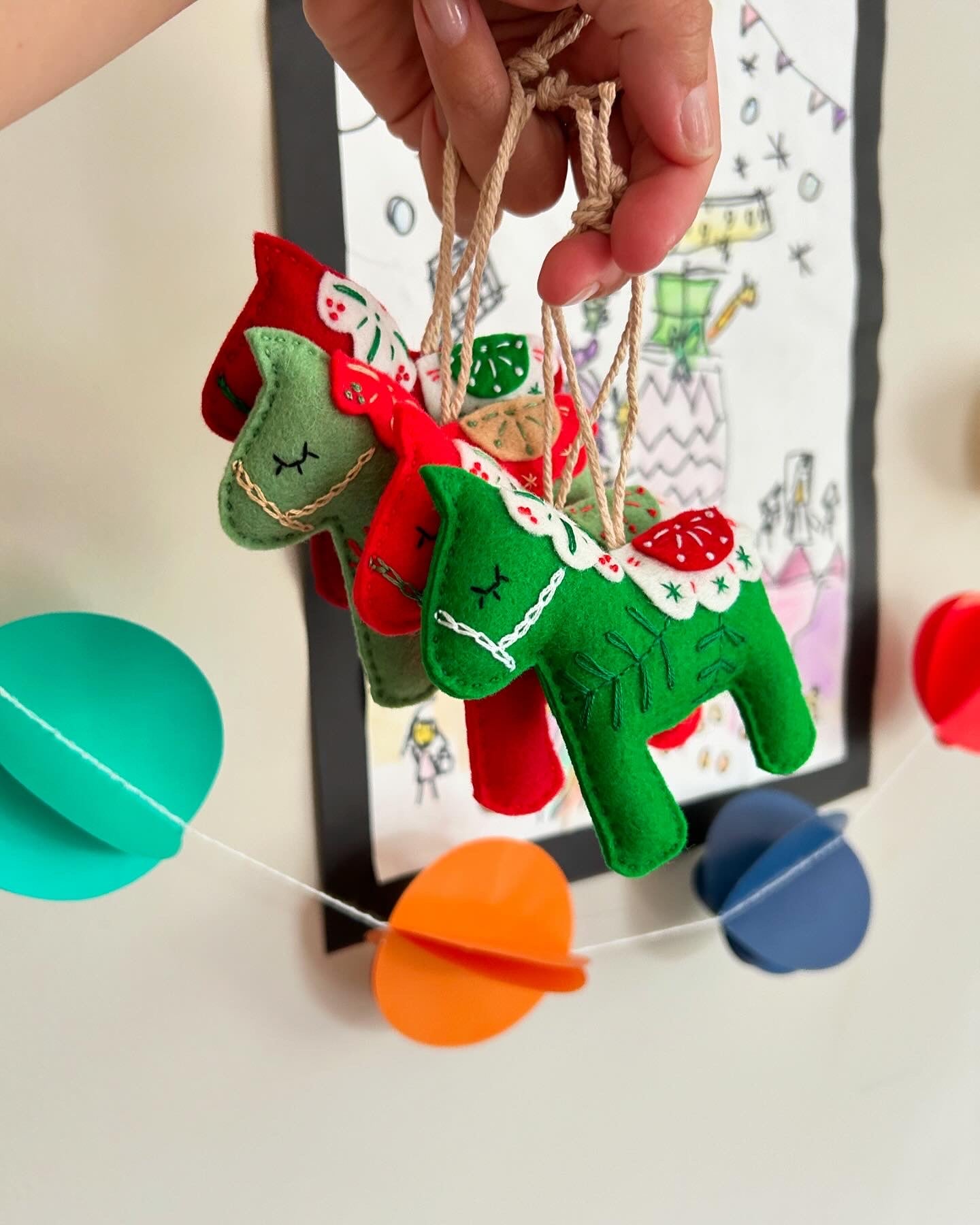 Scandinavian-inspired Dala horse ornament, hand embroidered for timeless holiday charm