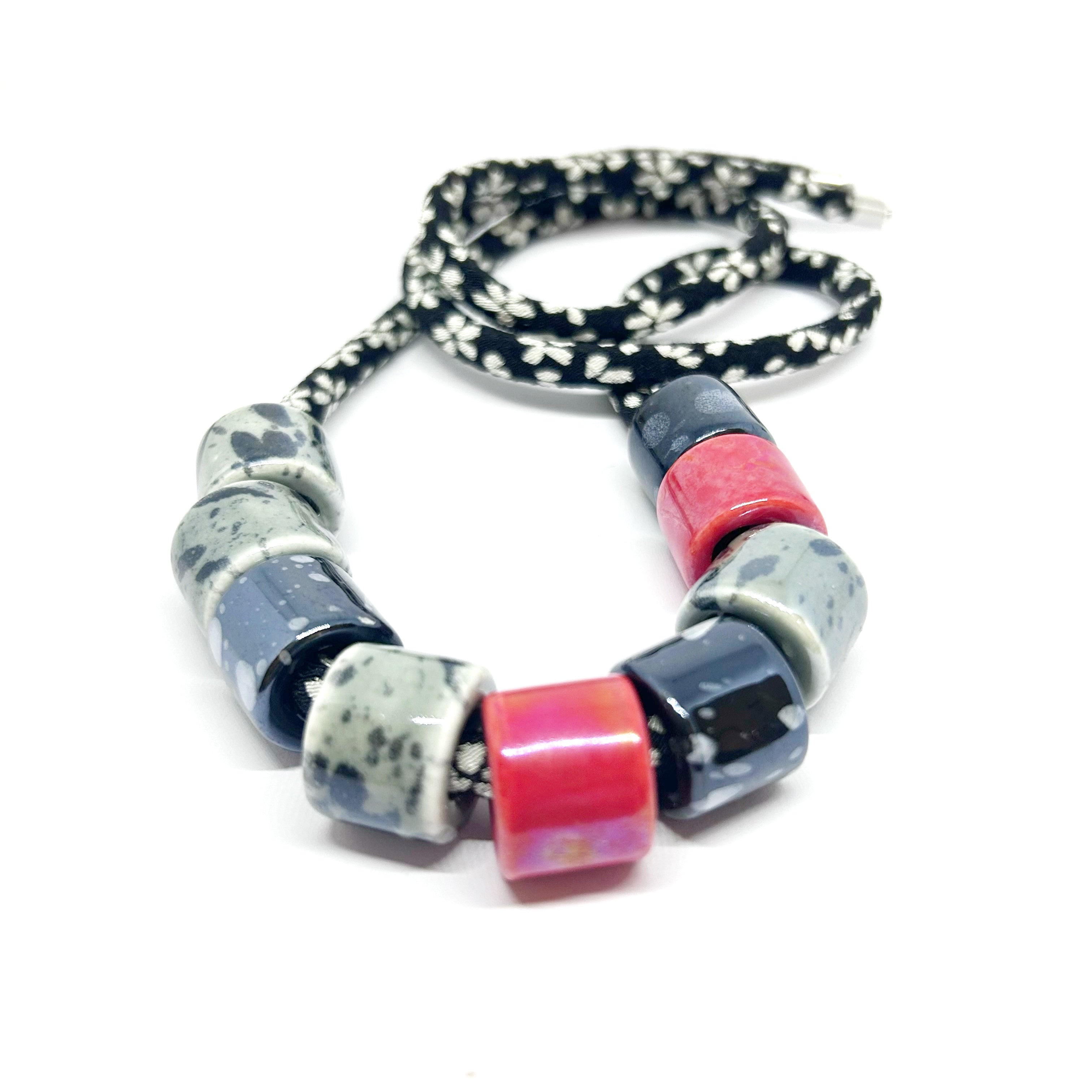 Ceramic Bead Necklace on Kimono Cord - Black
