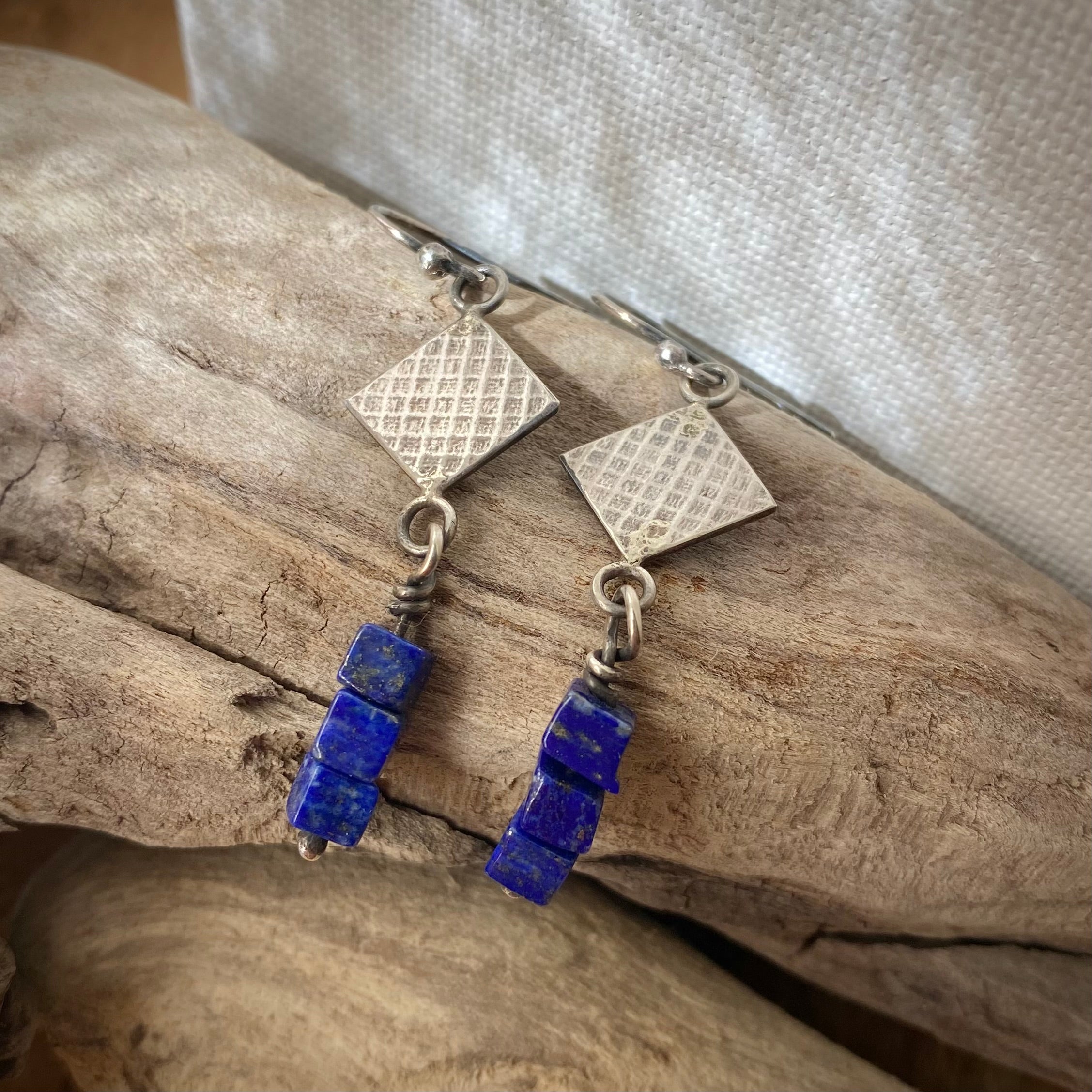 Lapis Lazuli Cubes and Sterling Silver Earrings