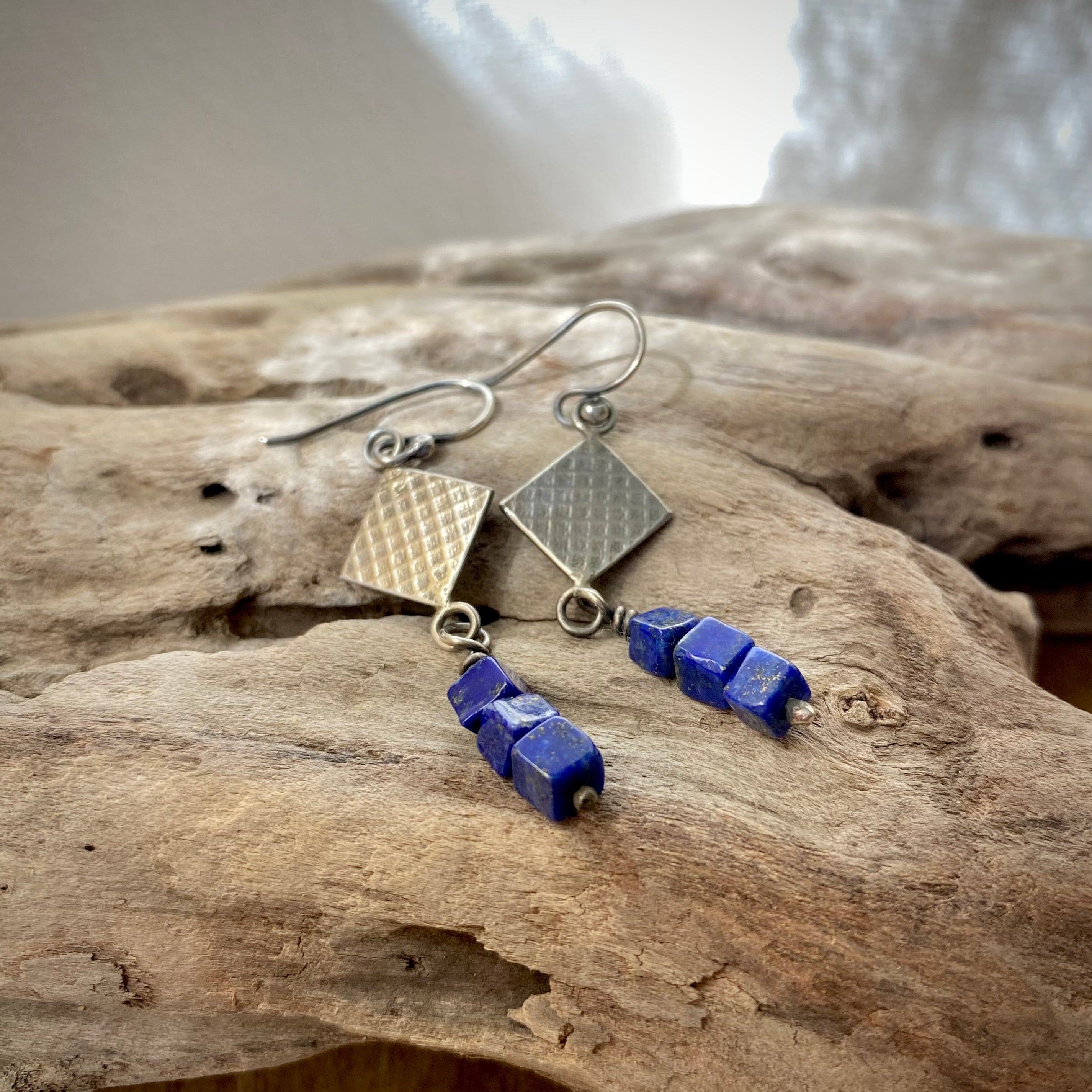 Lapis Lazuli Cubes and Sterling Silver Earrings