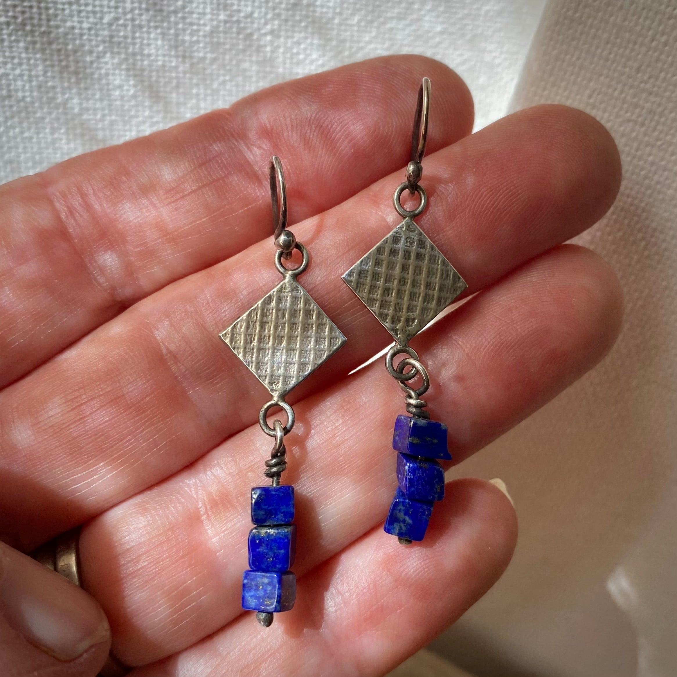 Lapis Lazuli Cubes and Sterling Silver Earrings