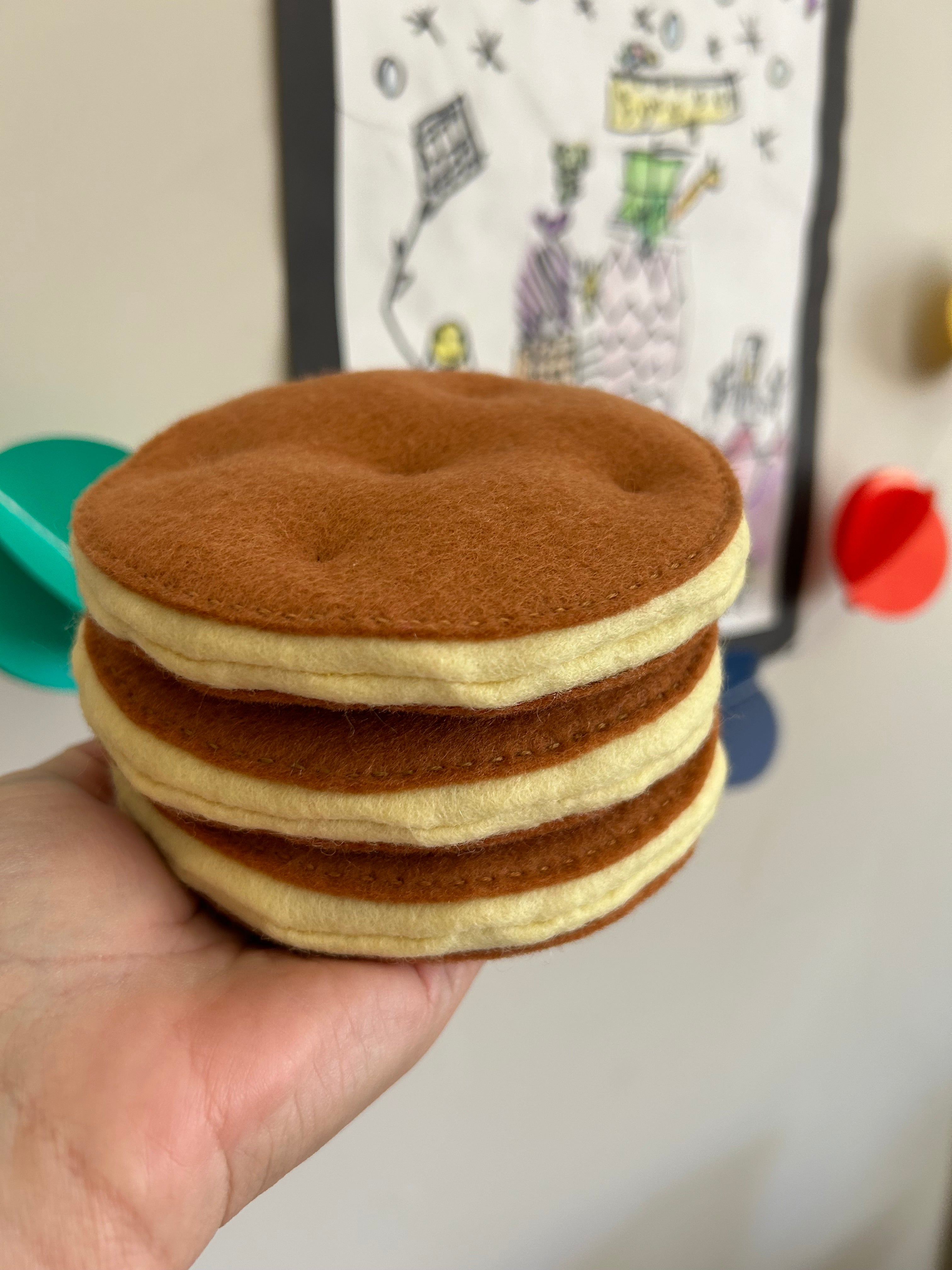 Pancake stack with banana and strawberries, pretend play food
