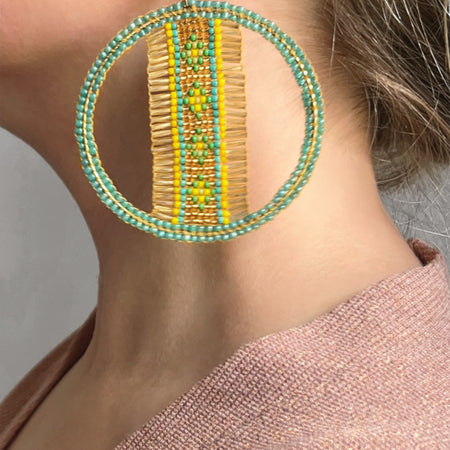 DESERT SUN | hoop earrings | blue, gold, green | beaded pattern