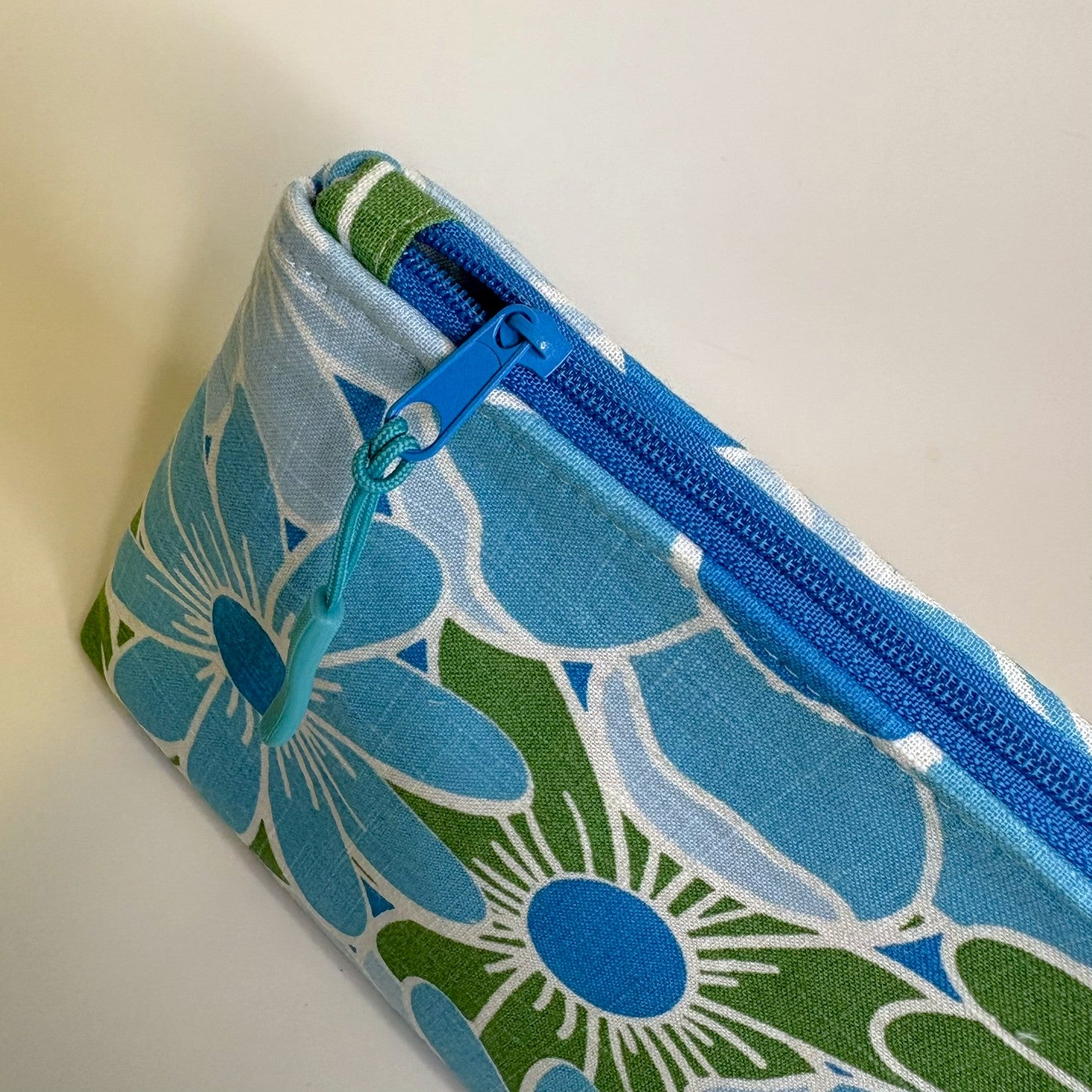 Zippered pouch - Blue and green floral linen blend fabric
