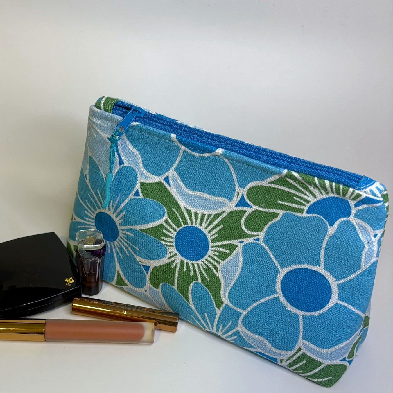 Zippered pouch - Blue and green floral linen blend fabric