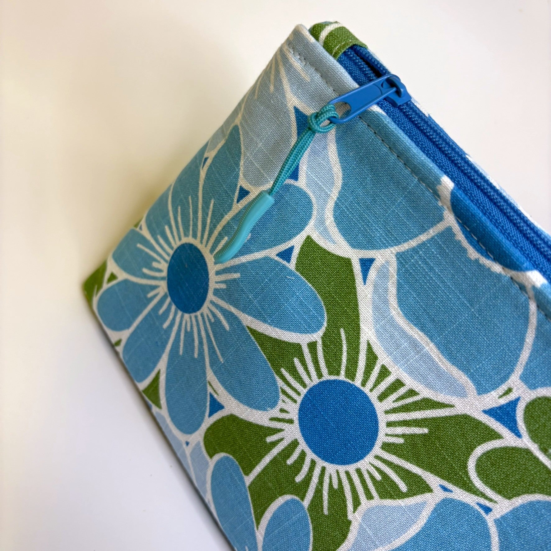 Zippered pouch - Blue and green floral linen blend fabric