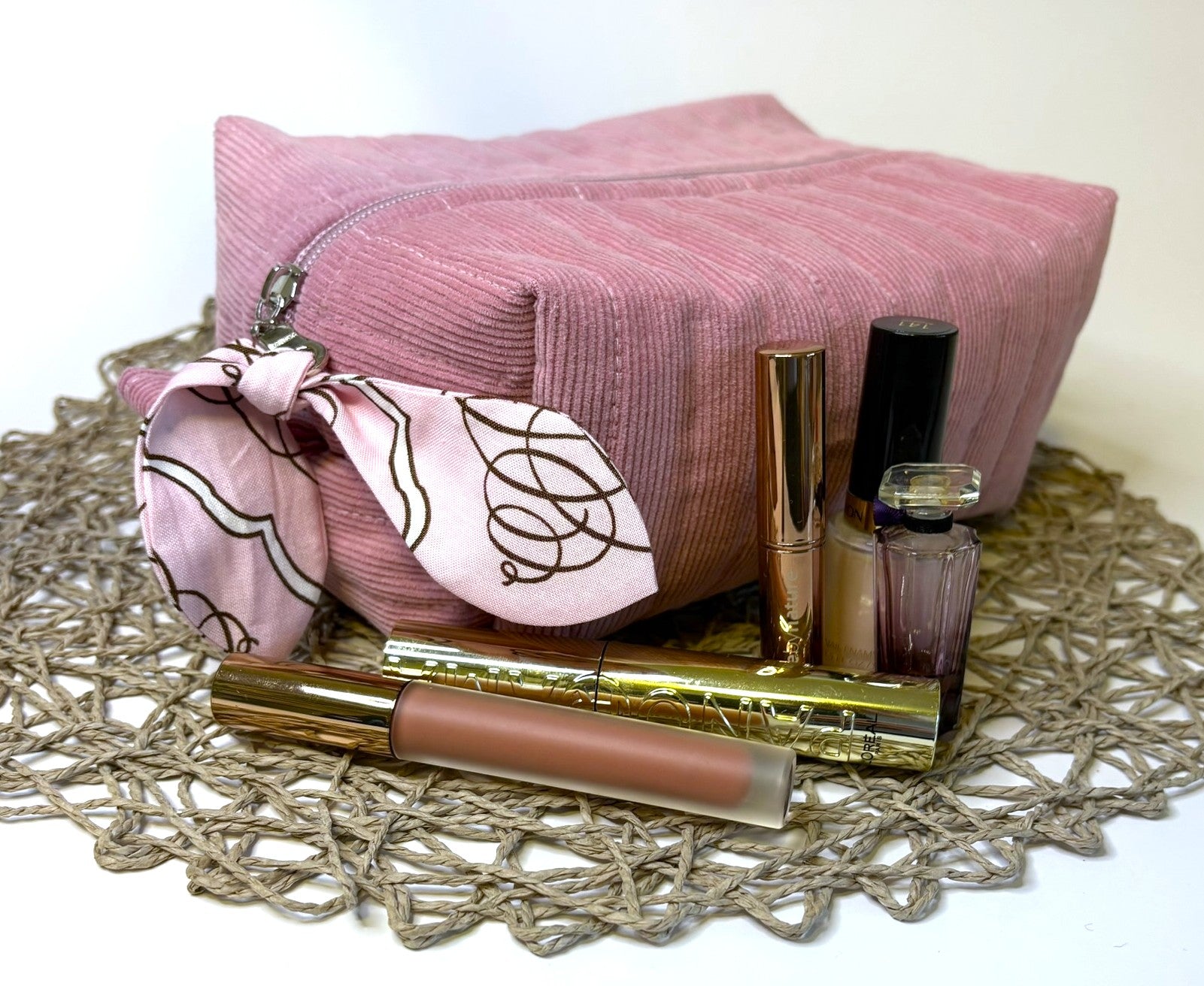 Makeup, cosmetic or tech bag - Quilted Blush Pink Corduroy