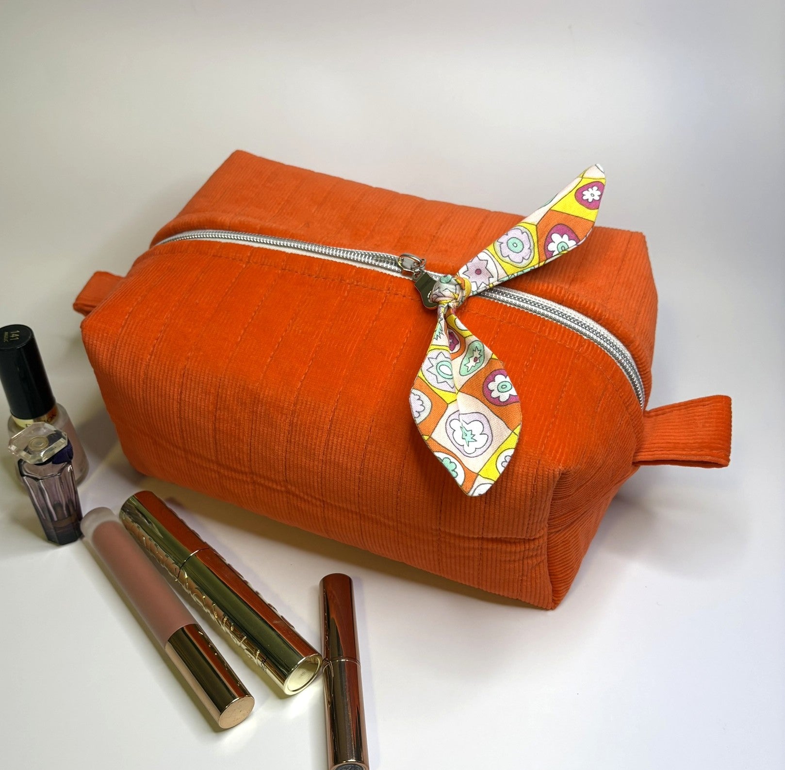 Makeup, cosmetic or tech bag - Quilted Orange Corduroy