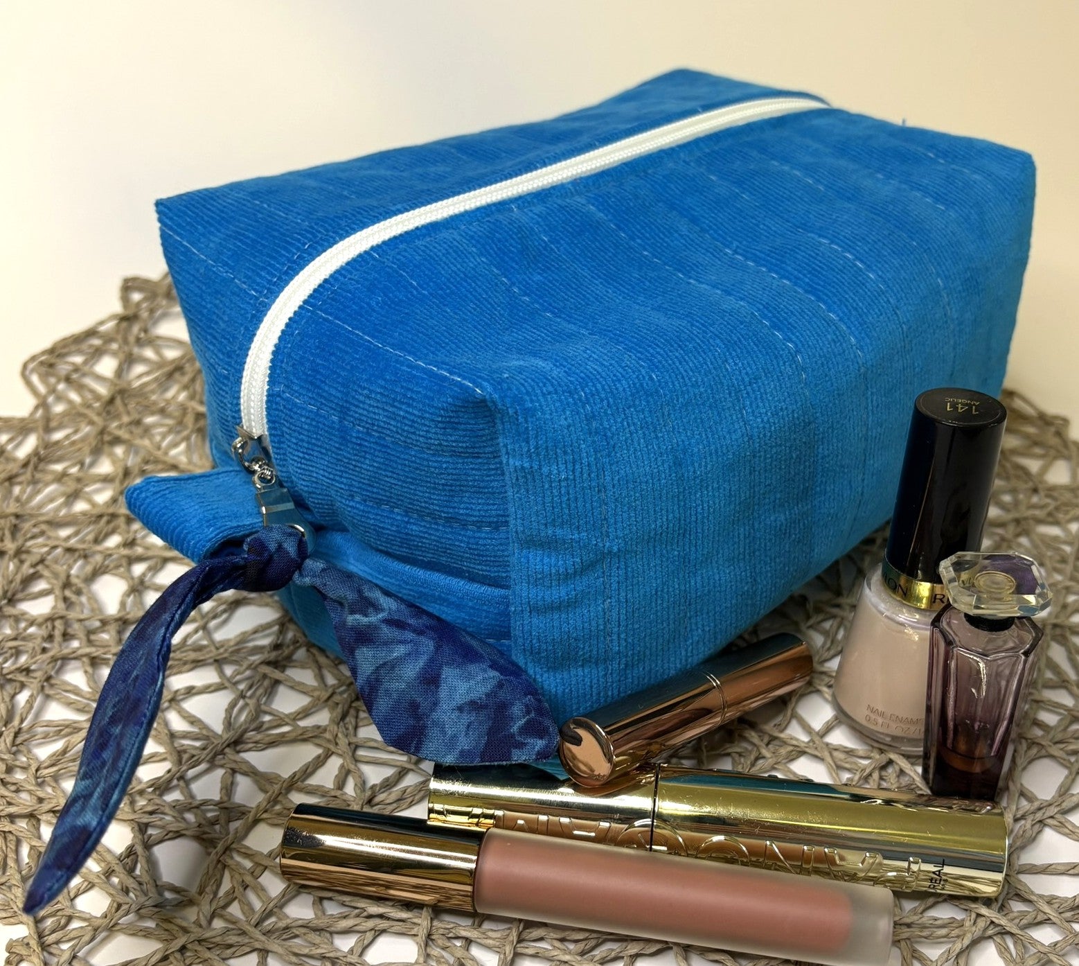 Makeup, cosmetic or tech bag - Quilted Sapphire Blue Corduroy