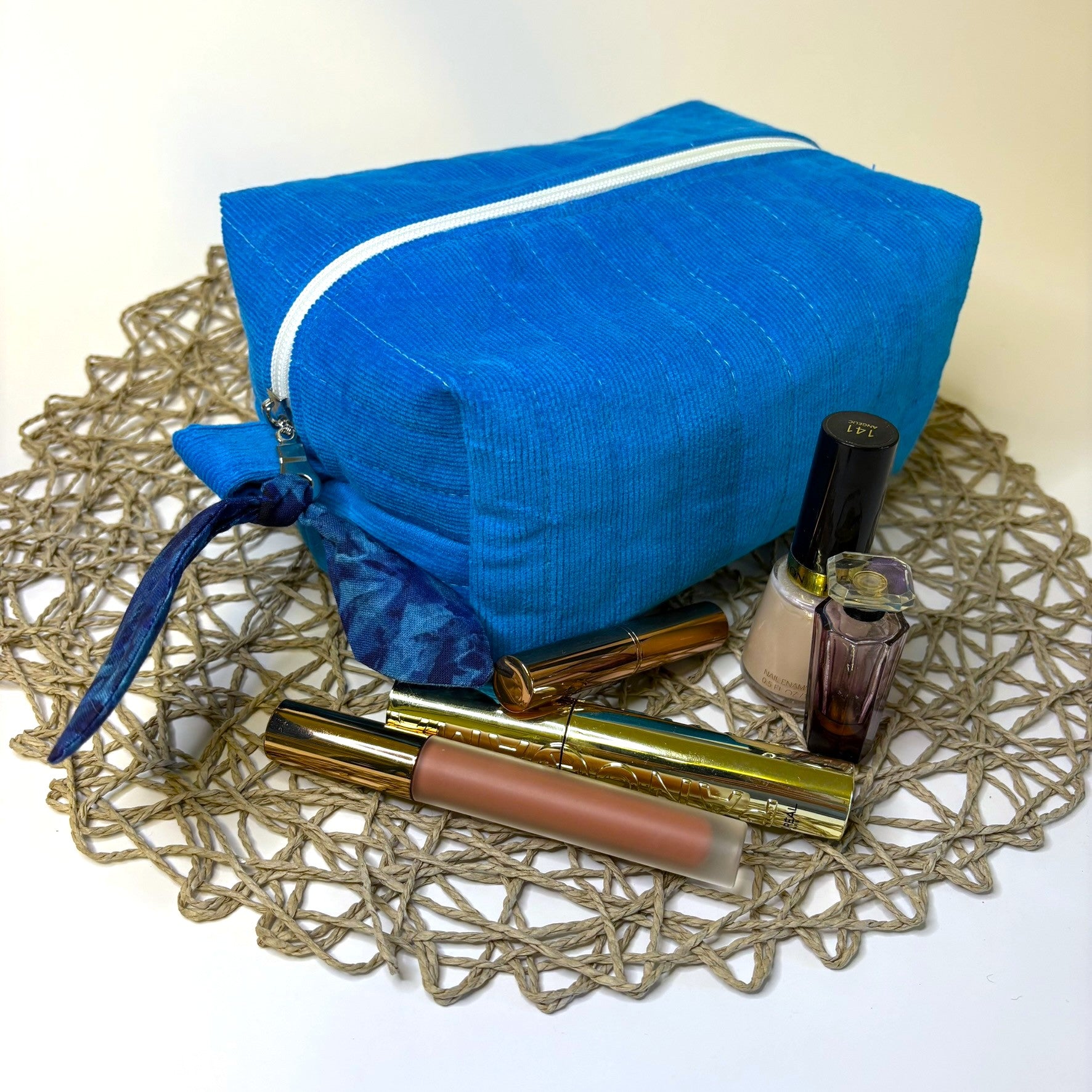 Makeup, cosmetic or tech bag - Quilted Sapphire Blue Corduroy