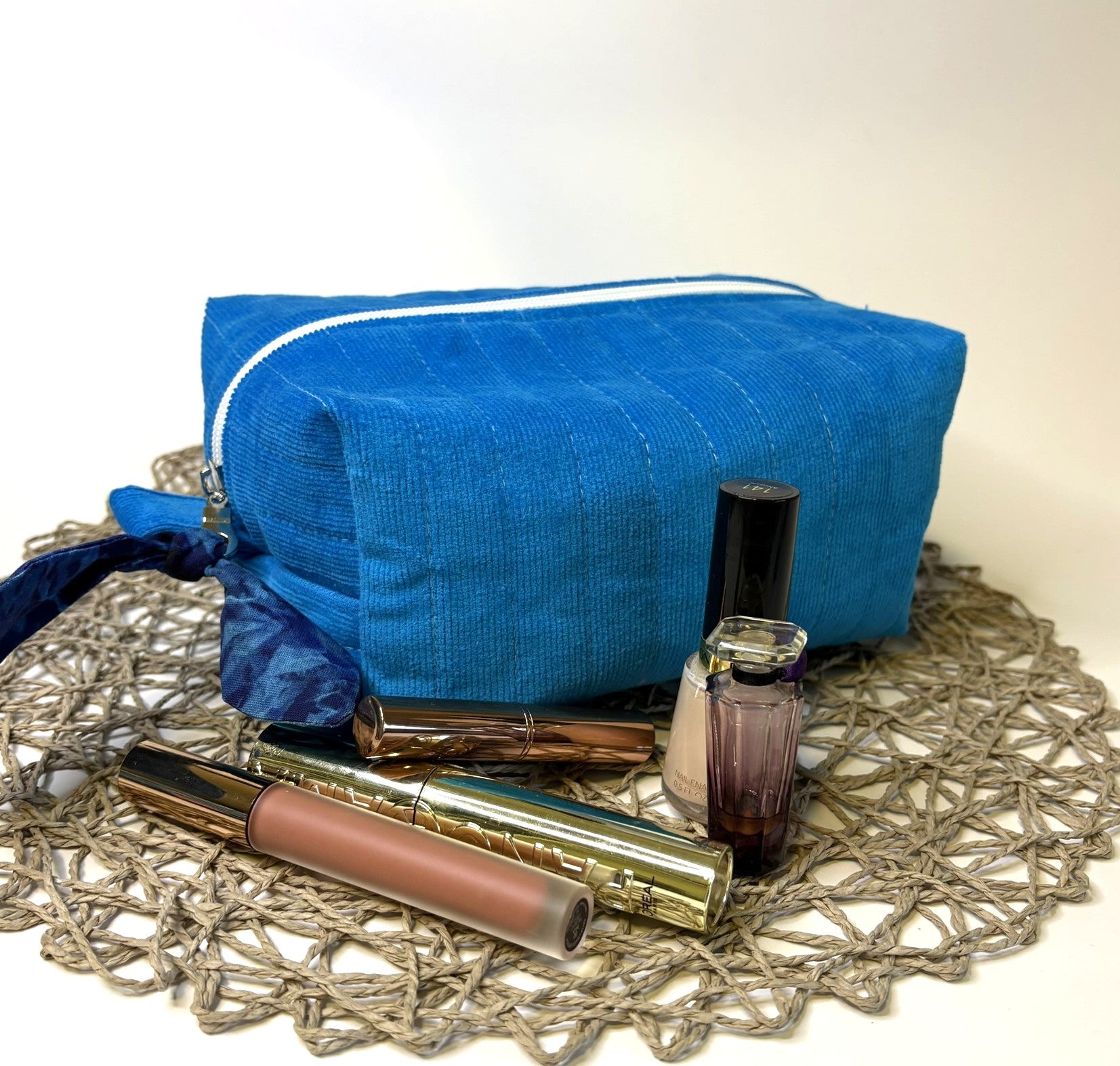 Makeup, cosmetic or tech bag - Quilted Sapphire Blue Corduroy