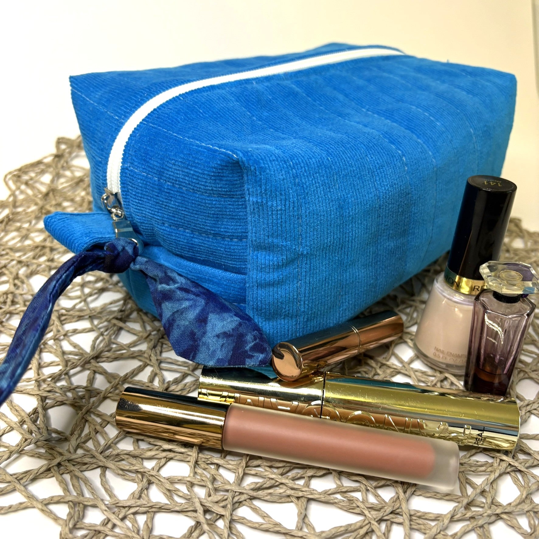 Makeup, cosmetic or tech bag - Quilted Sapphire Blue Corduroy