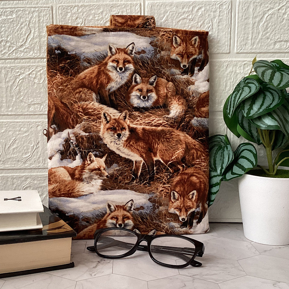 Fox fabric book sleeve with 2 pockets. iPad, tablet pouch.
