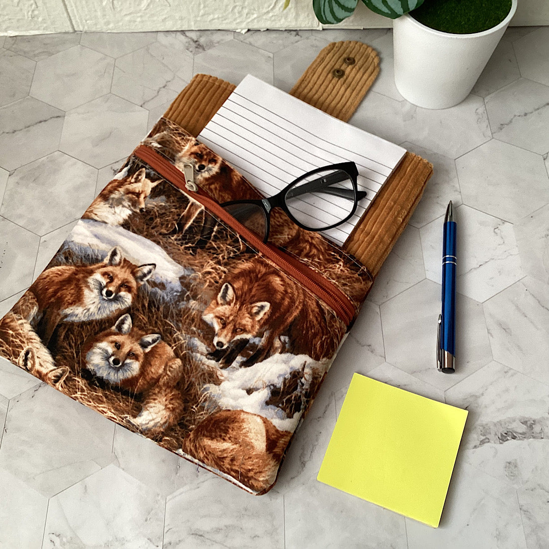 Fox fabric book sleeve with 2 pockets. iPad, tablet pouch.