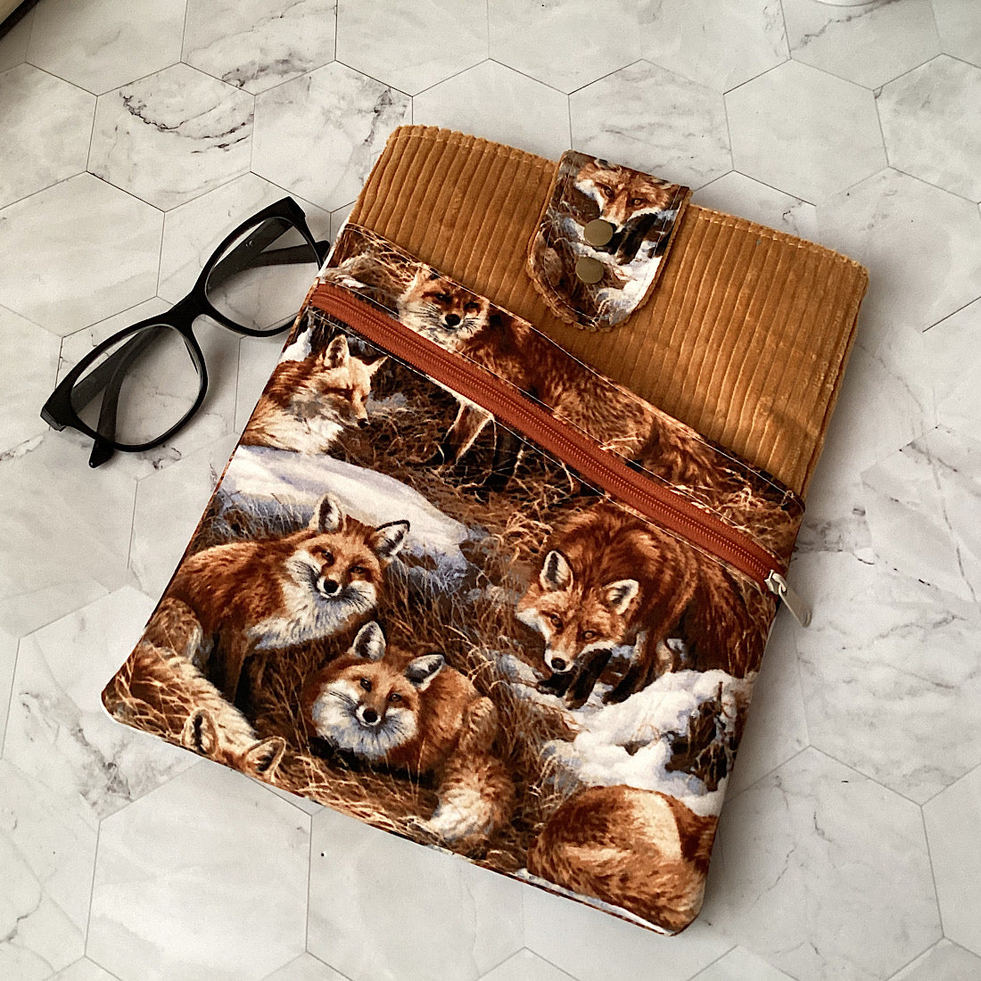 Fox fabric book sleeve with 2 pockets. iPad, tablet pouch.
