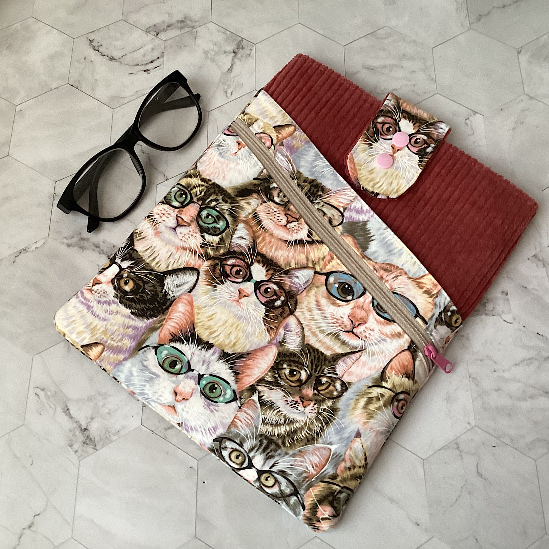 Comic cats fabric book sleeve with 2 pockets. iPad, tablet pouch.