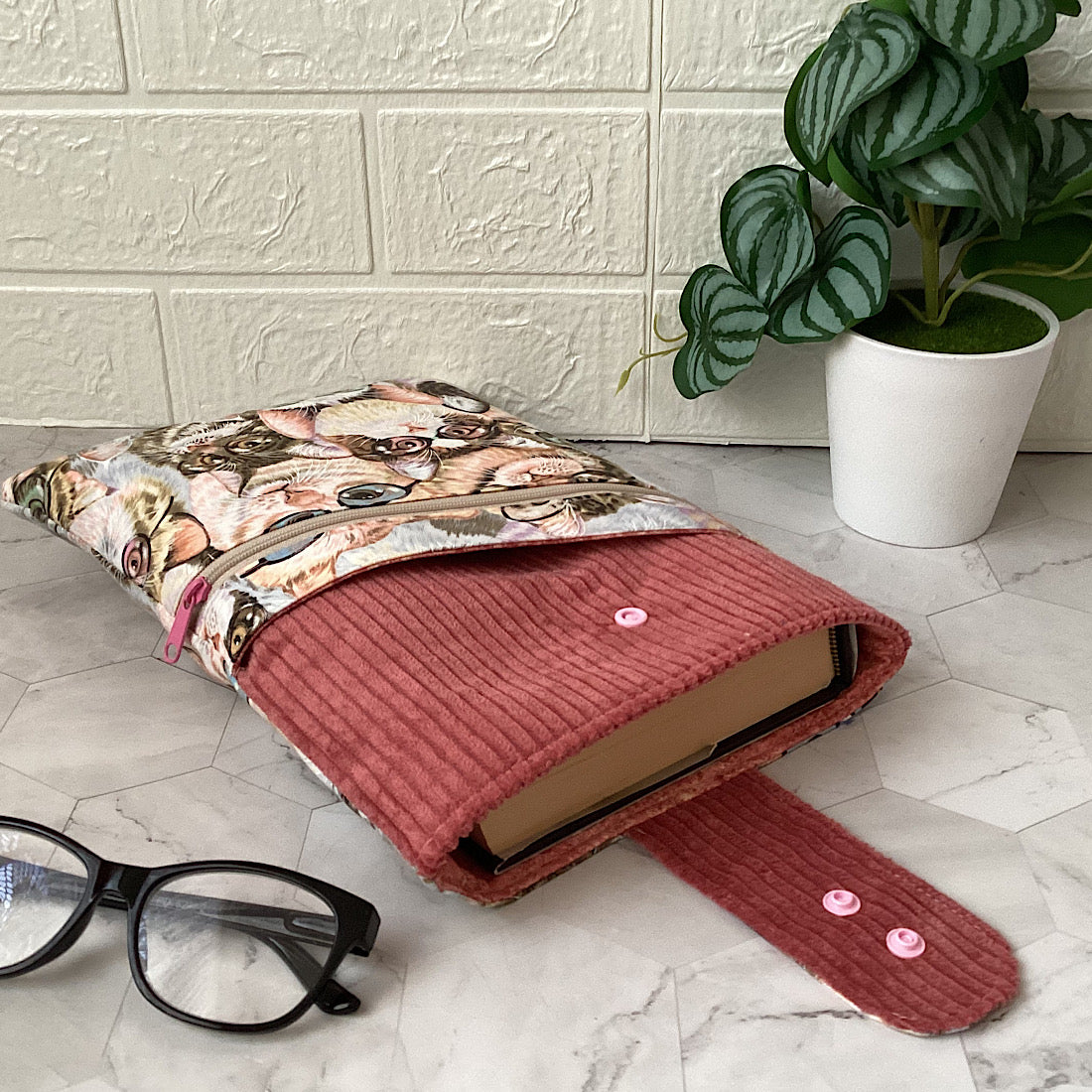 Comic cats fabric book sleeve with 2 pockets. iPad, tablet pouch.