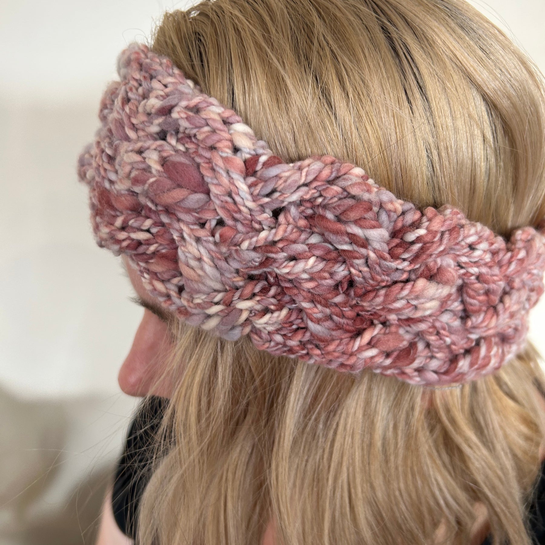 Hand Knitted Wool Headband - StrawberryPink Plait