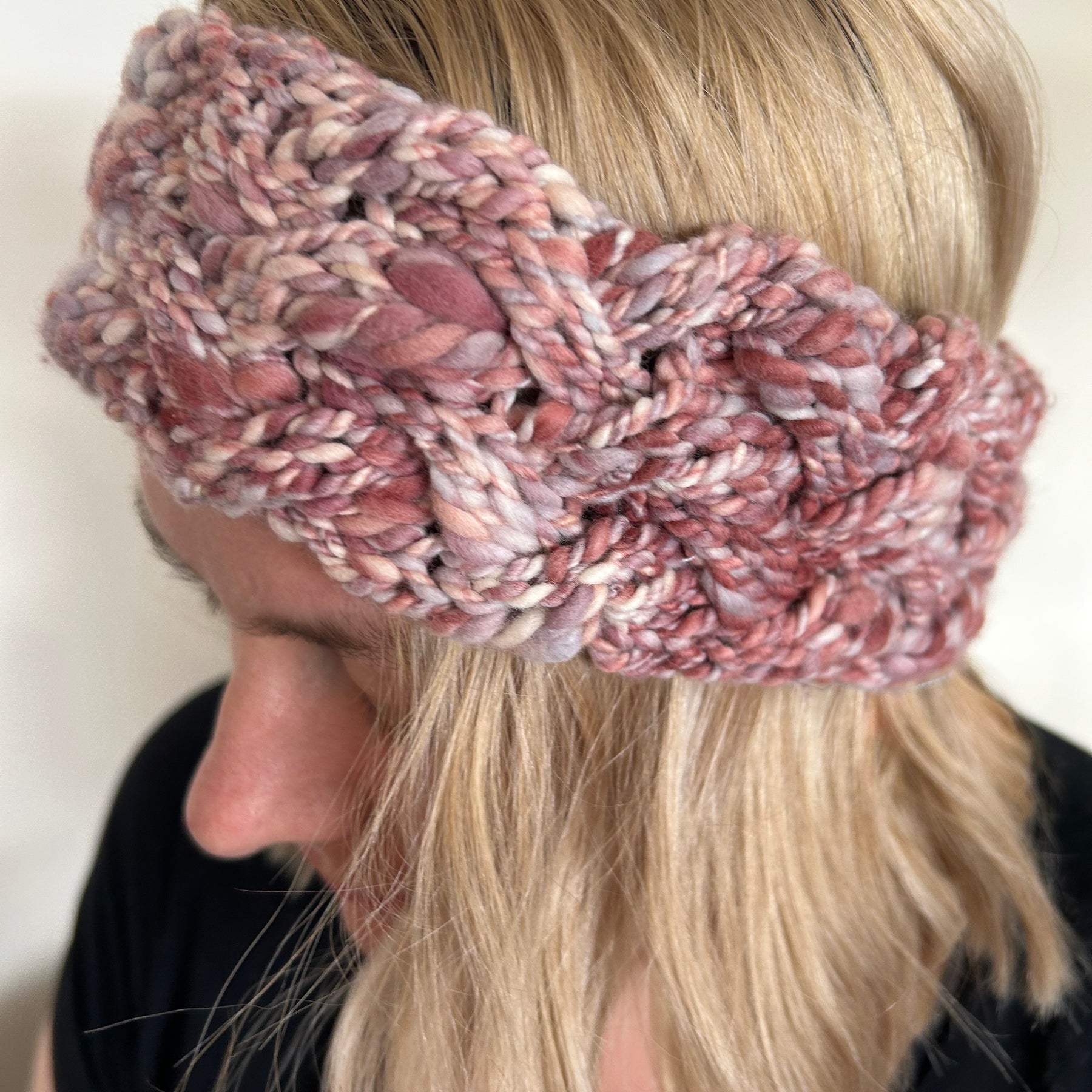 Hand Knitted Wool Headband - StrawberryPink Plait