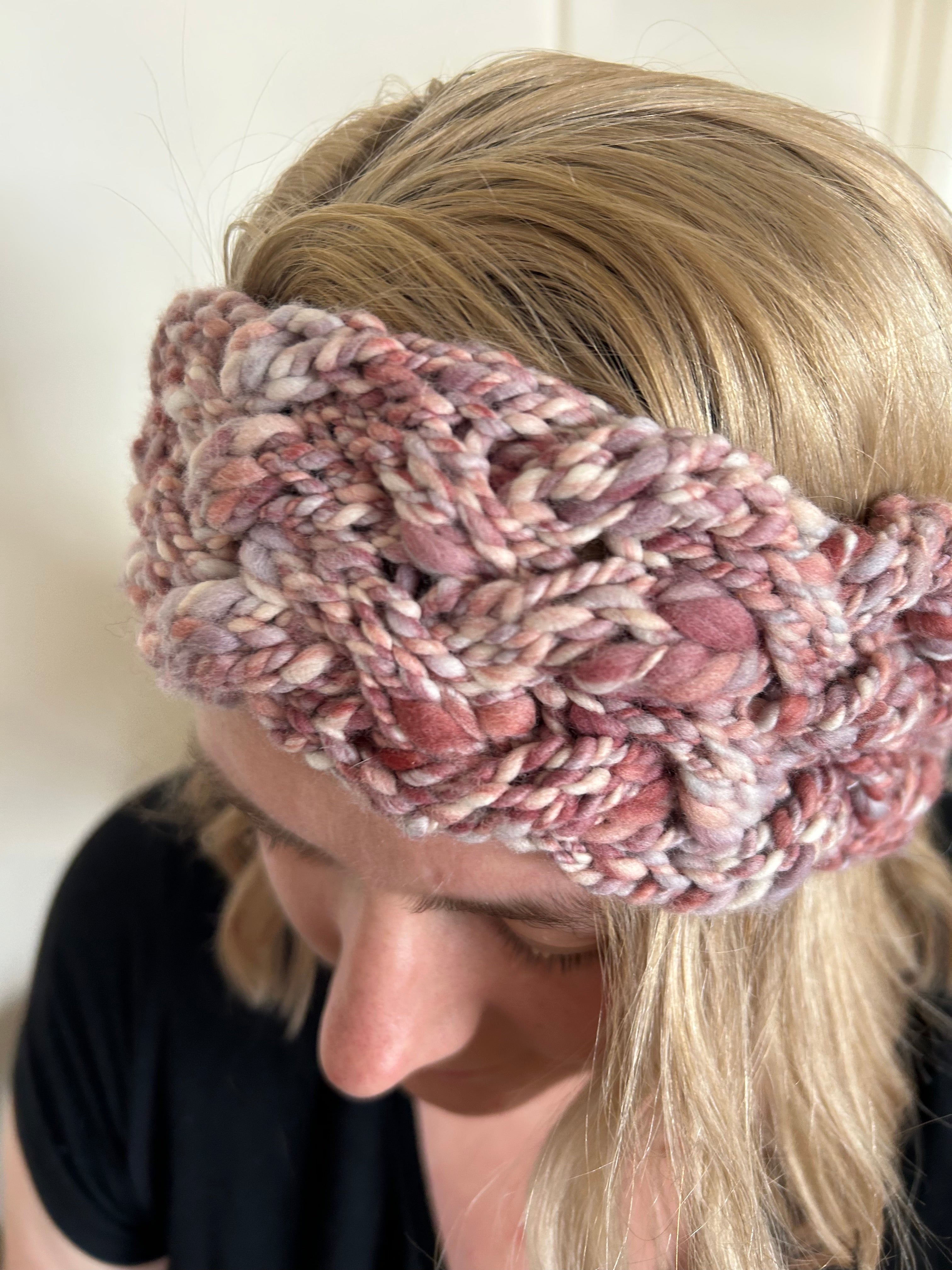 Hand Knitted Wool Headband - StrawberryPink Plait