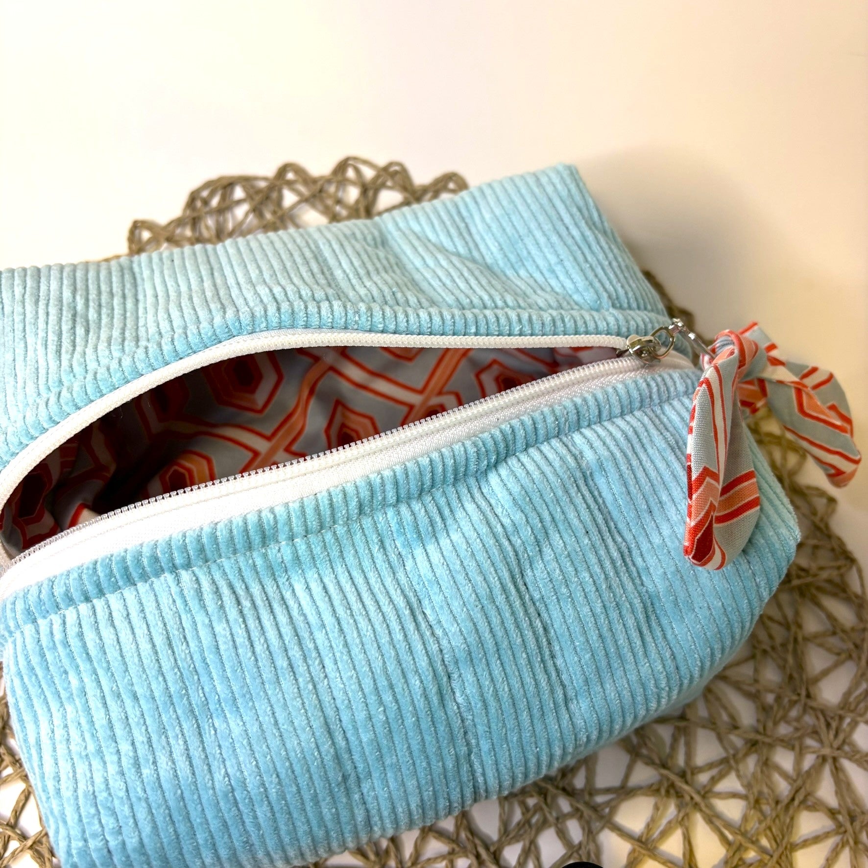 Makeup, cosmetic or tech bag - Quilted Pale Turquoise Corduroy