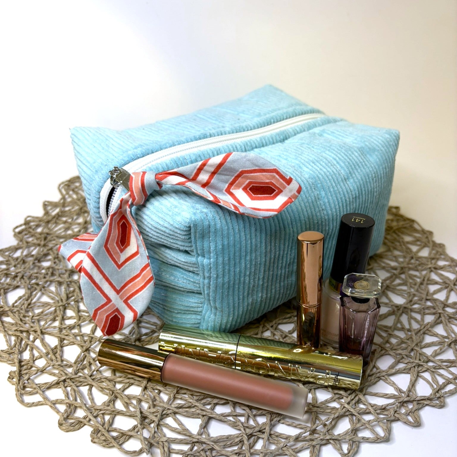 Makeup, cosmetic or tech bag - Quilted Pale Turquoise Corduroy