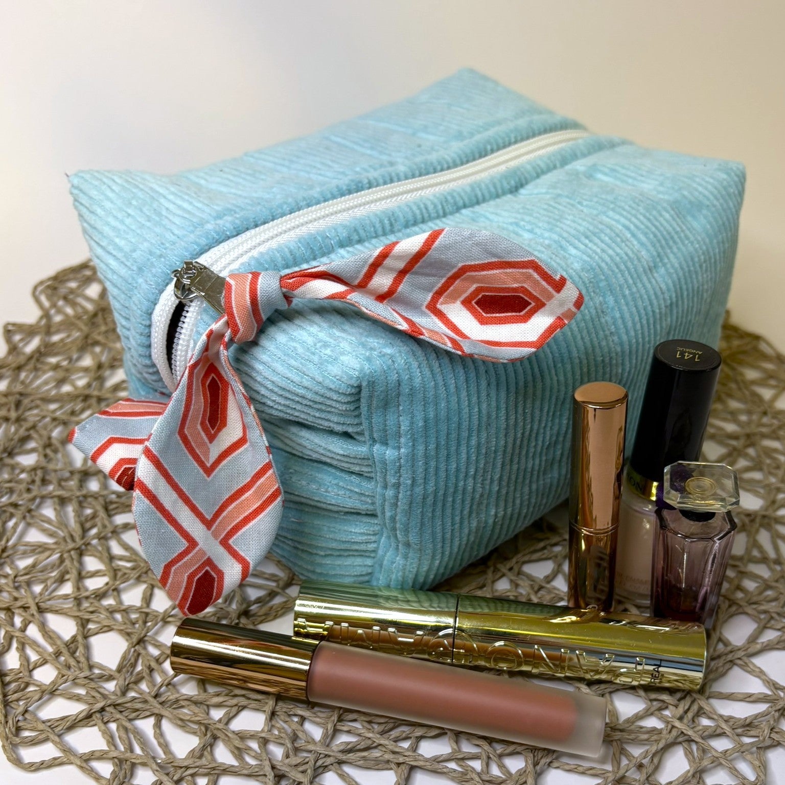 Makeup, cosmetic or tech bag - Quilted Pale Turquoise Corduroy