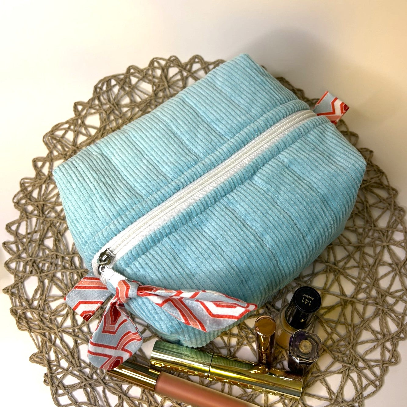 Makeup, cosmetic or tech bag - Quilted Pale Turquoise Corduroy