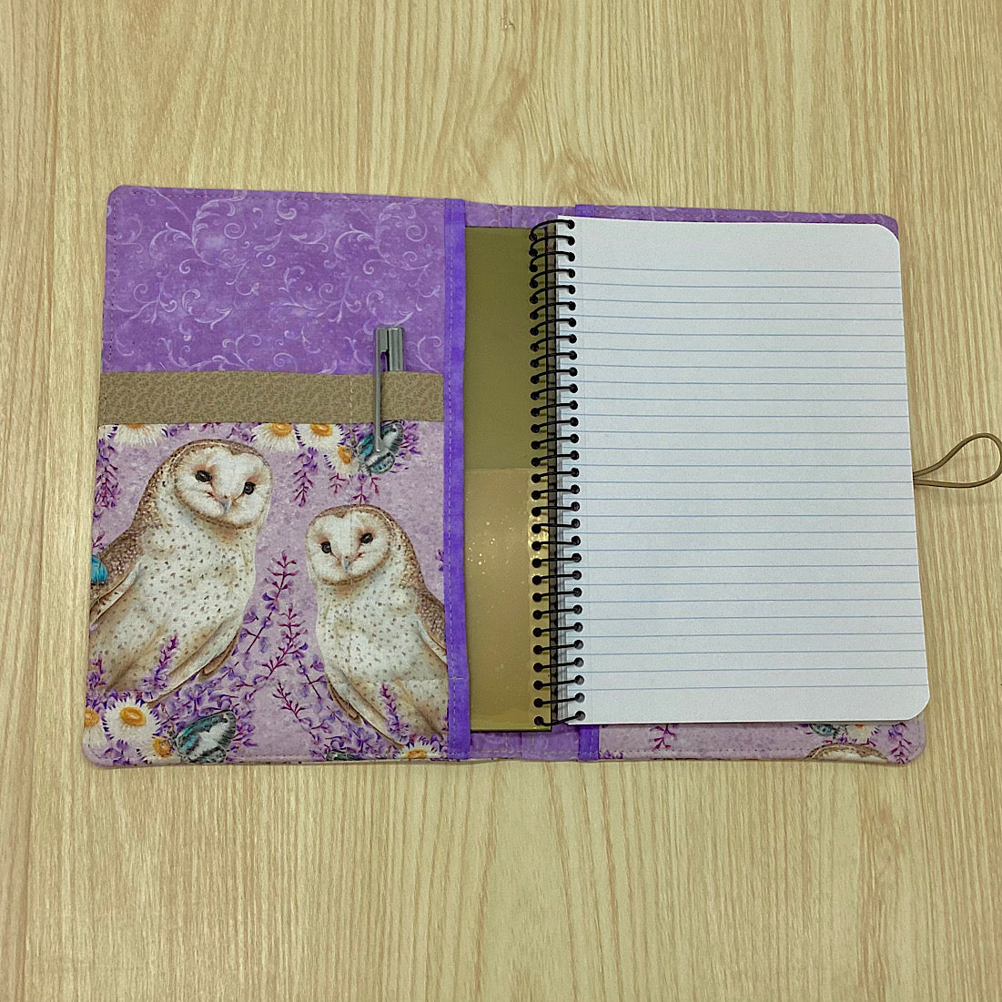 Owls refillable A5 fabric notebook cover gift set - Incl. book and pen.