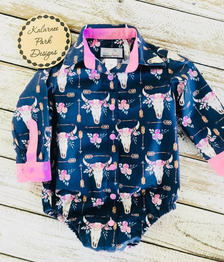 ''Floral Skull'' Girls Long Sleeve Shirt Onesie Size 1