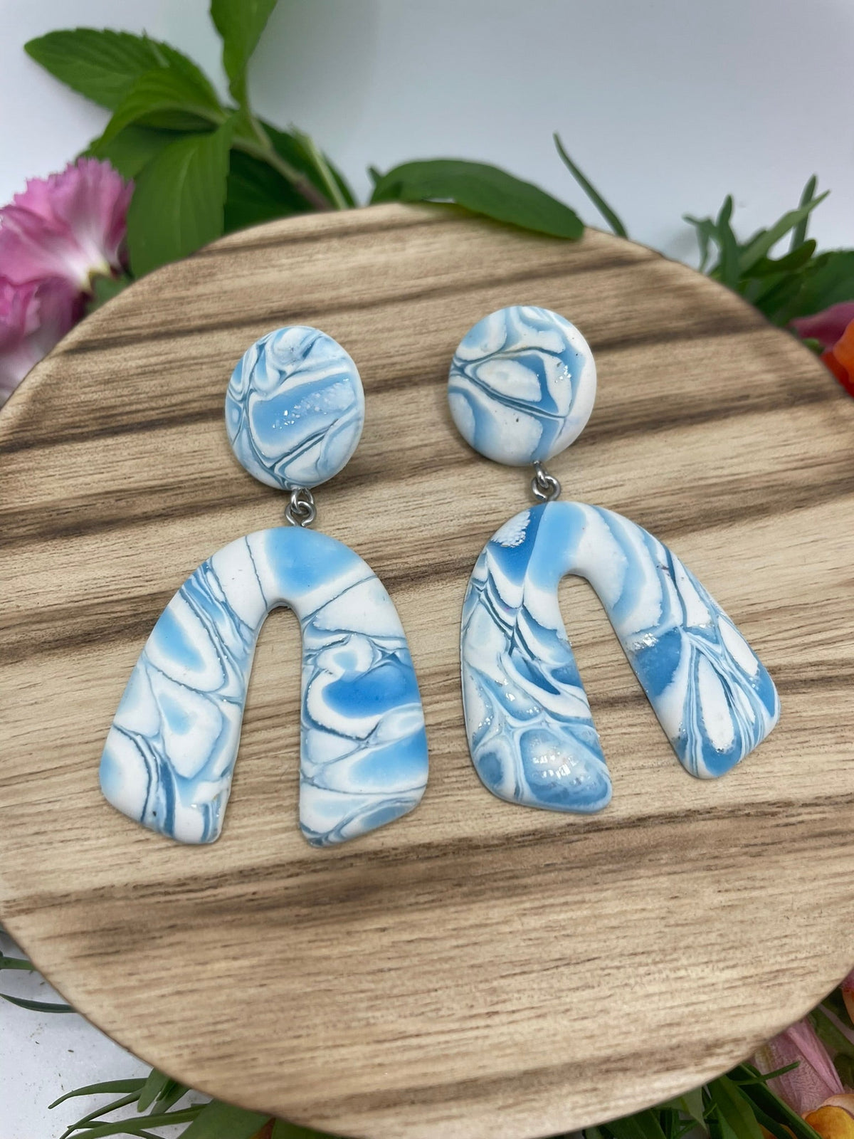 Blue and white marbled look polymer clay earrings