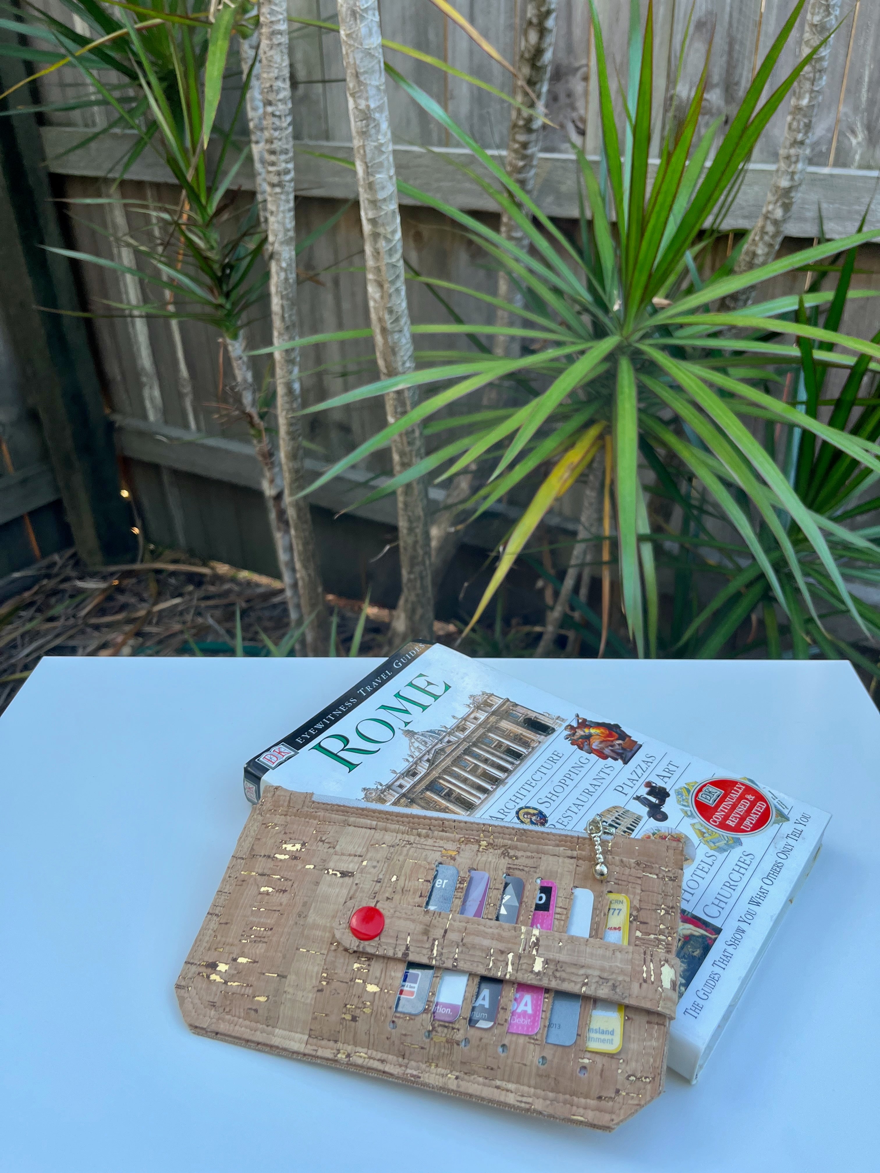 Purse Pal Wallet - Natural rustic Portuguese Cork with gold flecks (& orangey/red snap)