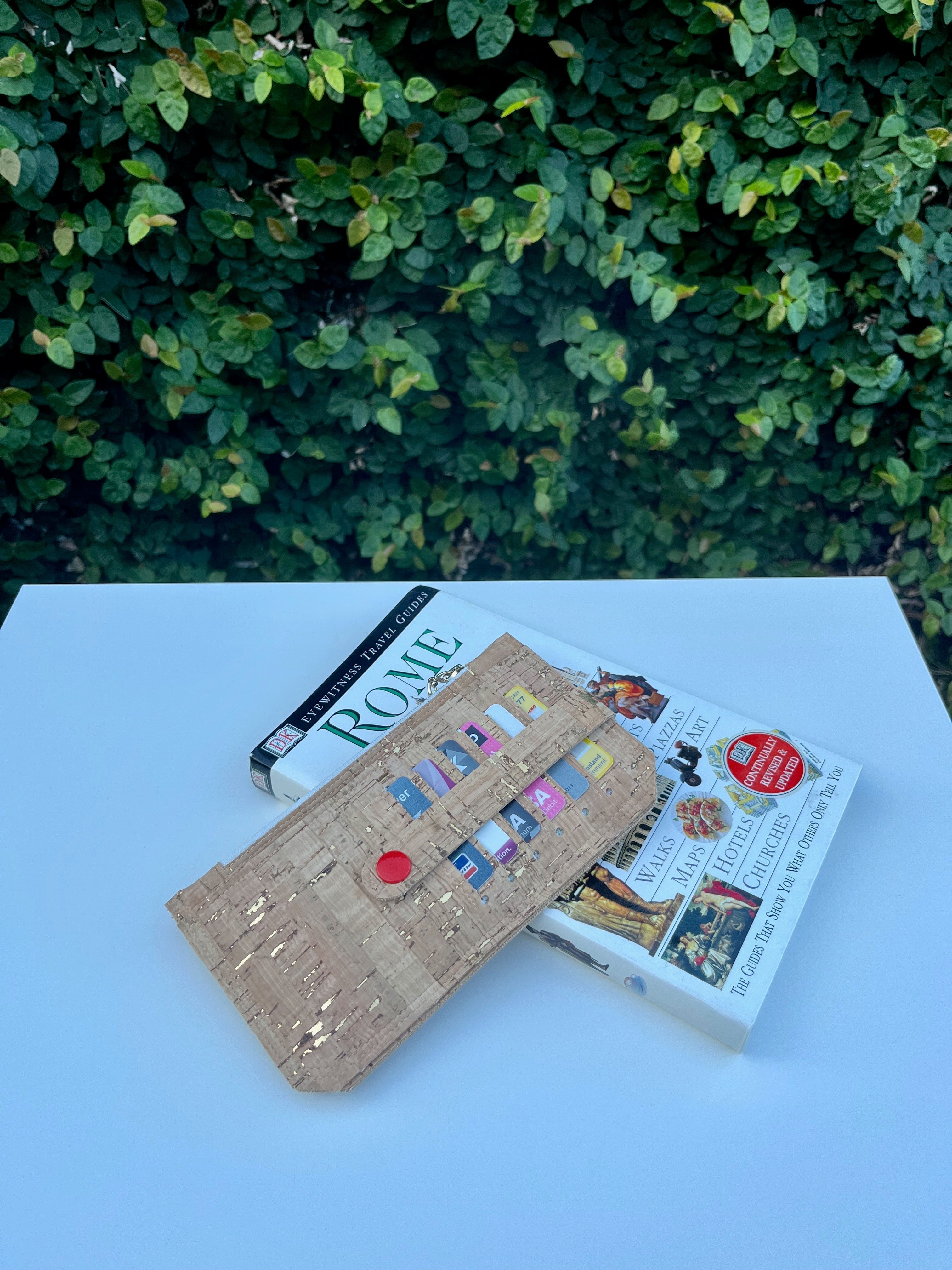 Purse Pal Wallet - Natural rustic Portuguese Cork with gold flecks (& orangey/red snap)