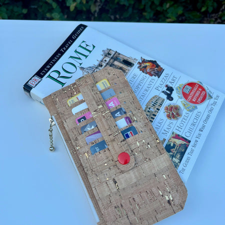 Purse Pal Wallet - Natural rustic Portuguese Cork with gold flecks (& orangey/red snap)