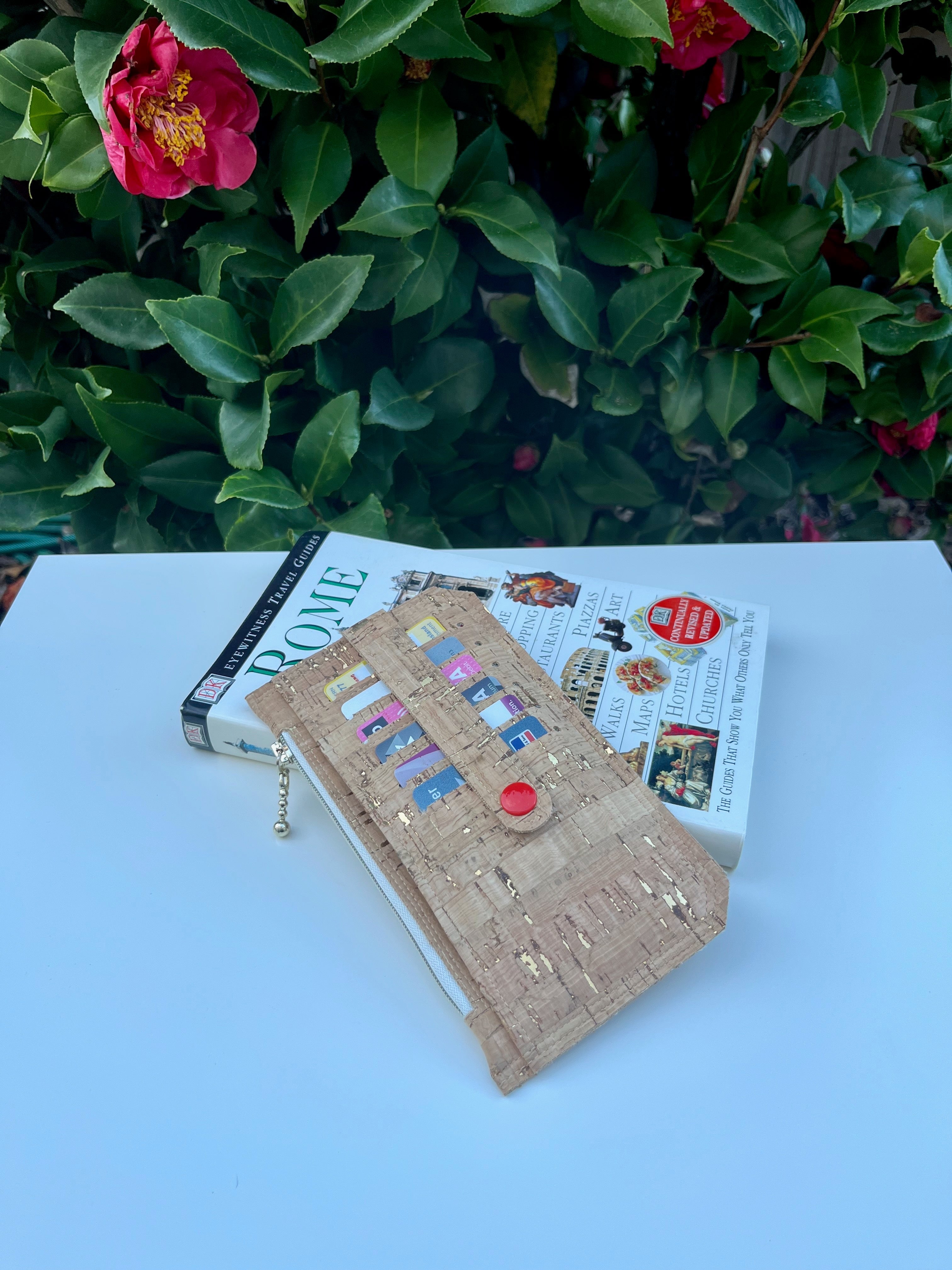 Purse Pal Wallet - Natural rustic Portuguese Cork with gold flecks (& orangey/red snap)