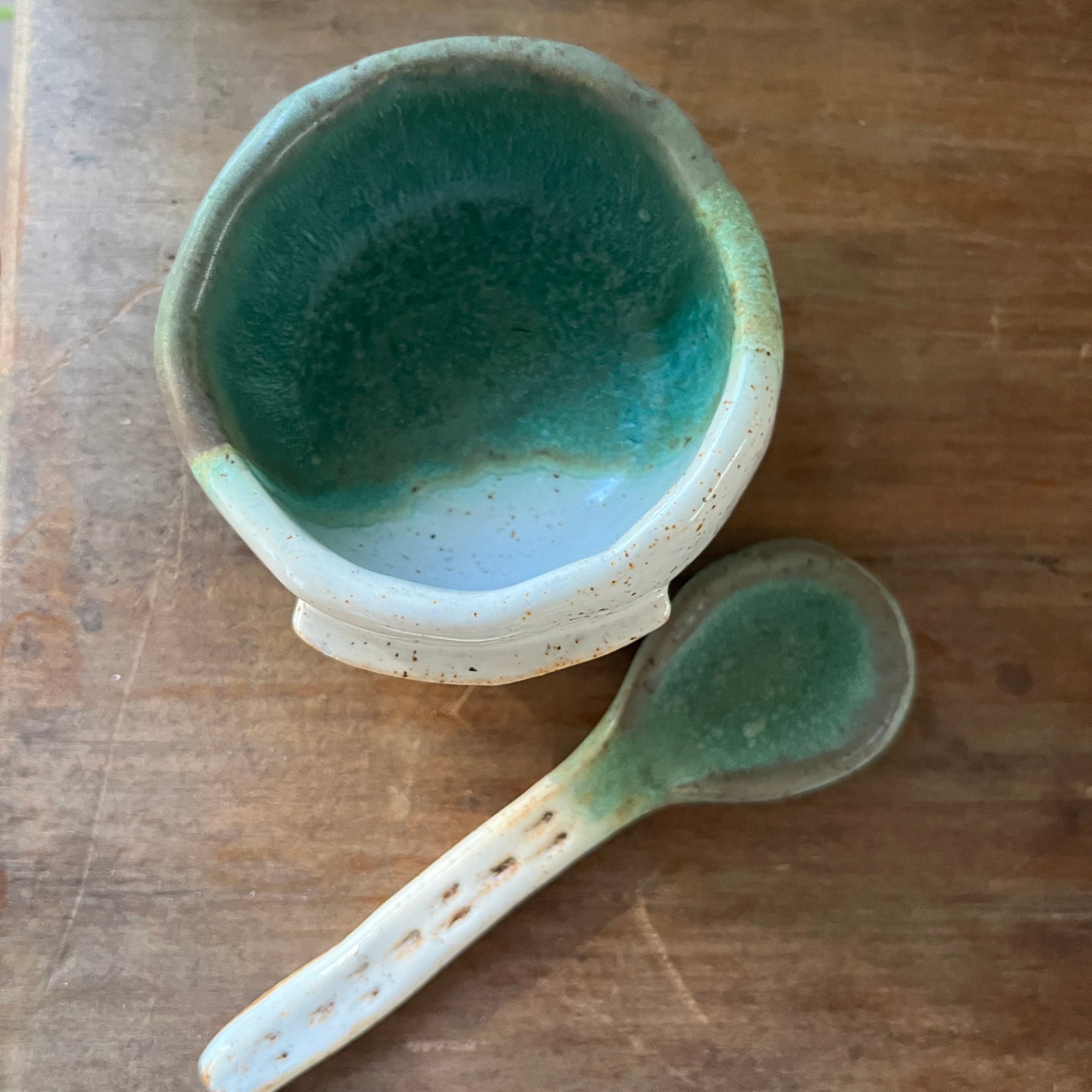 SOLD - Pottery Salt Bowl & Spoon
