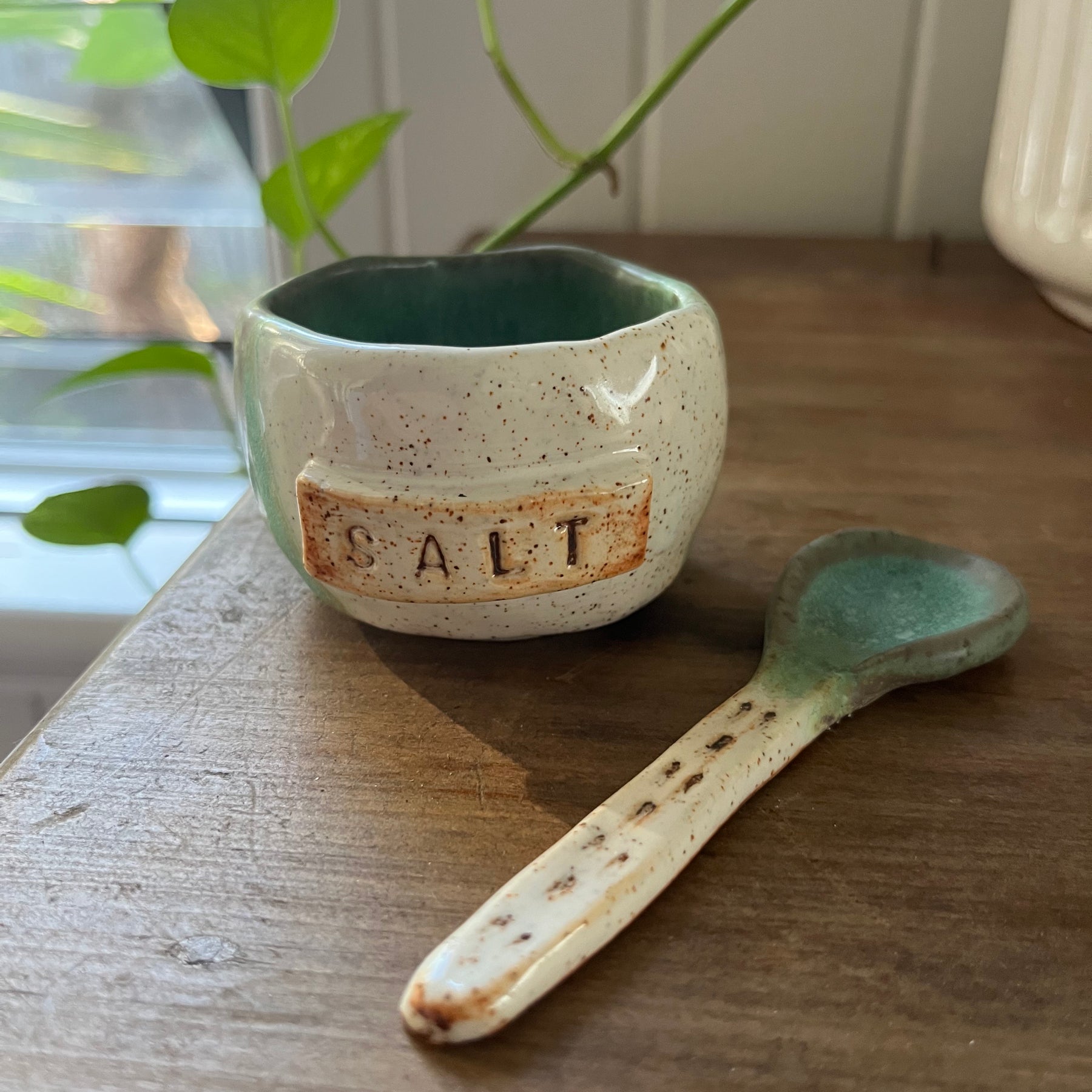 SOLD - Pottery Salt Bowl & Spoon