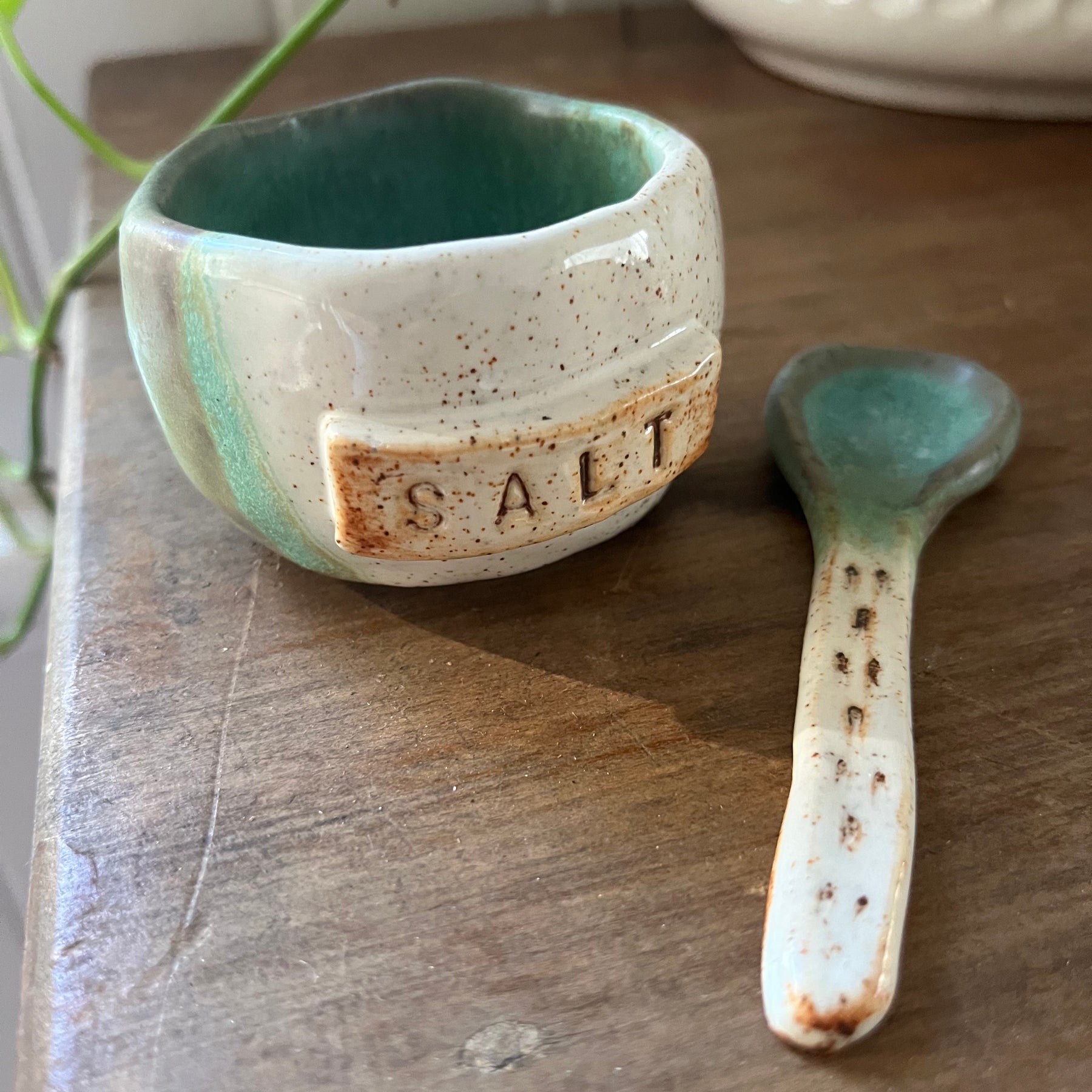 SOLD - Pottery Salt Bowl & Spoon