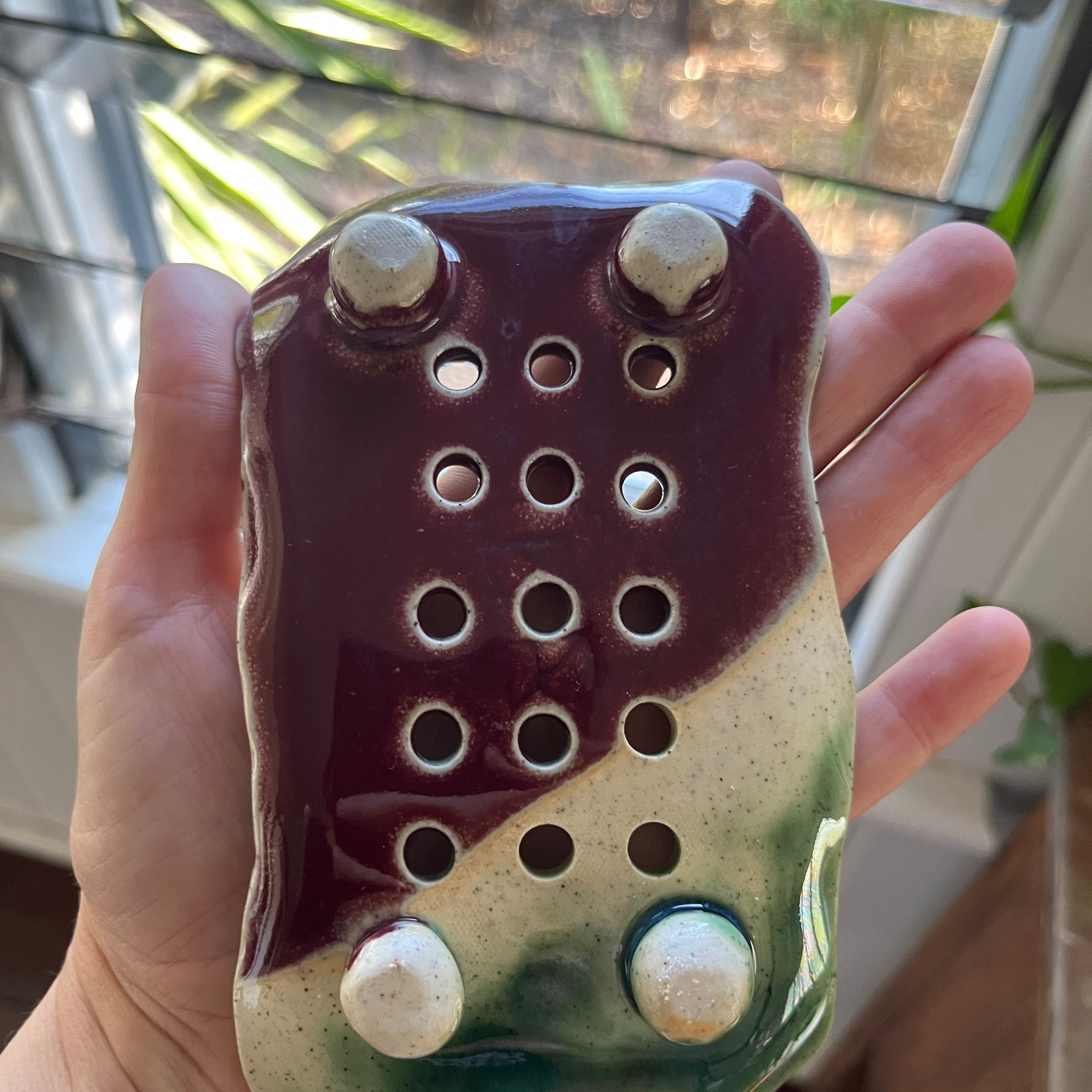Pottery Soap Dish - Maroon & Green