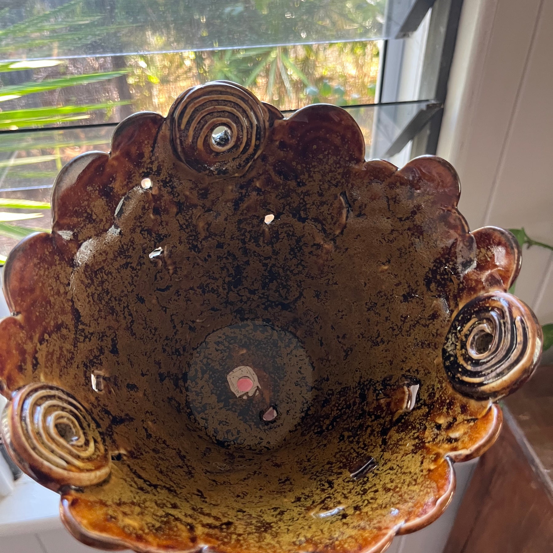 Hand-Built Ceramic Hanging Planter – Tenmoku Gold Glaze