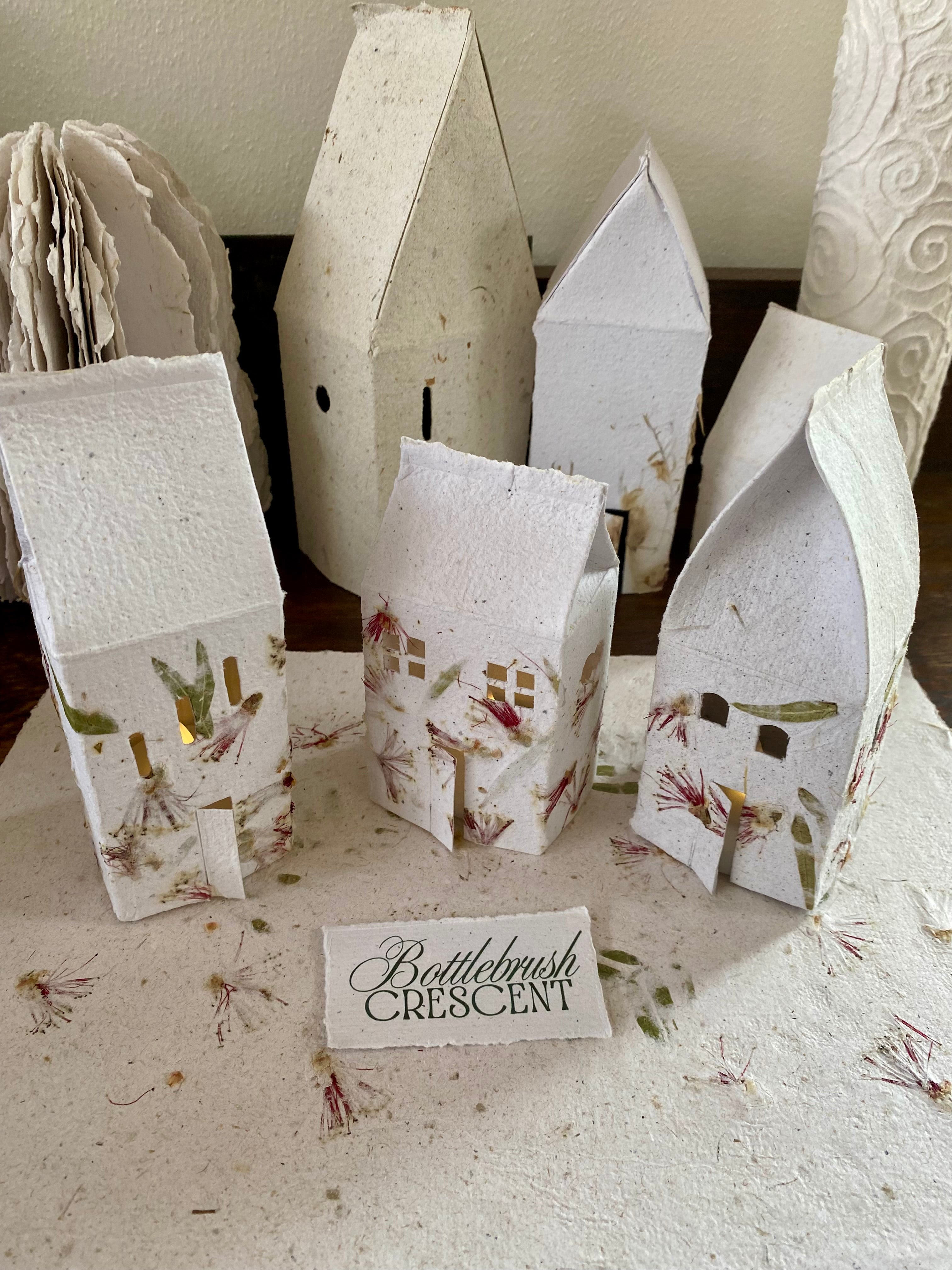 Tiny houses of Decoupaged Varnished Handmade Paper with LED light - Personalised too!