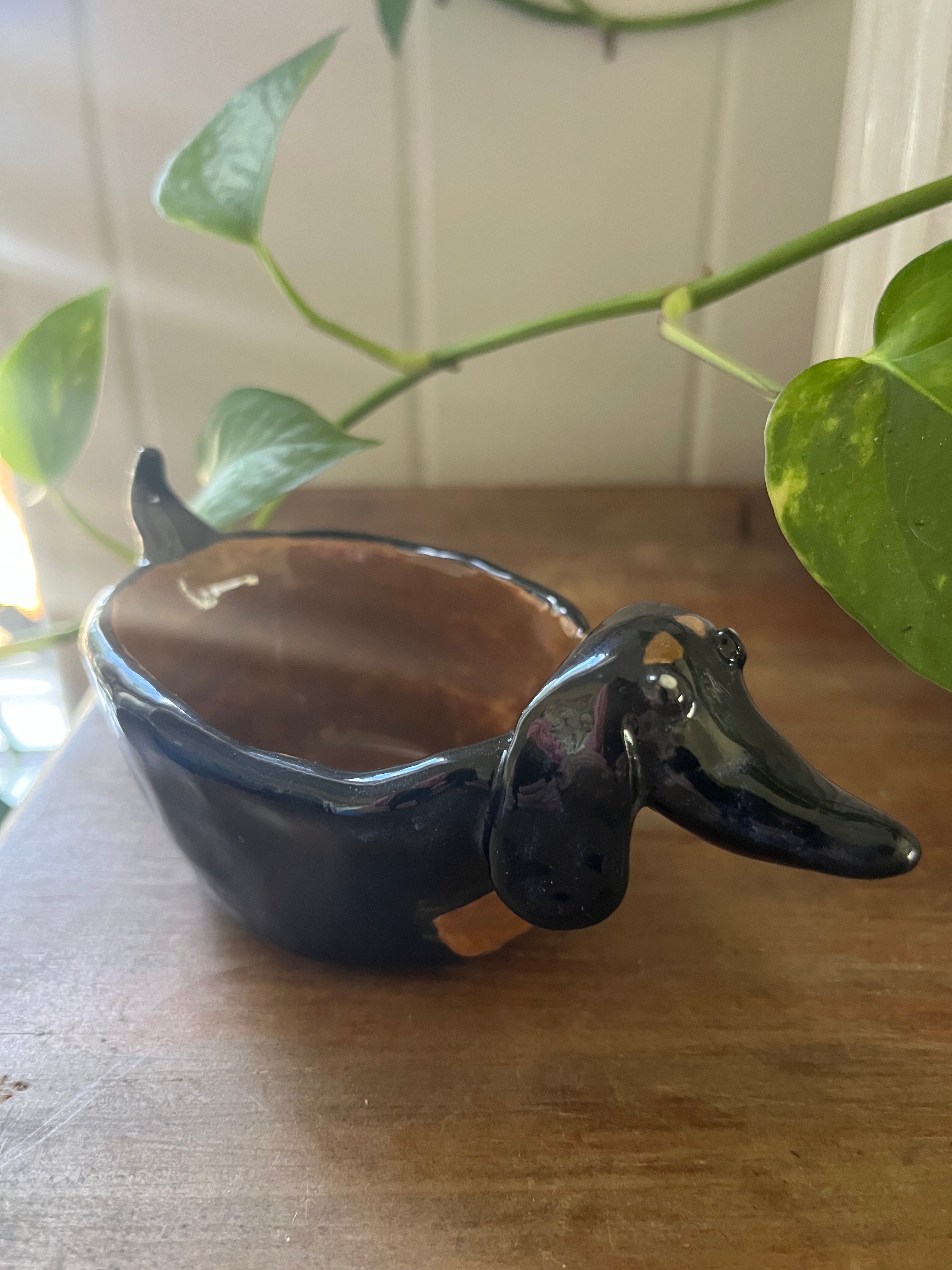 SOLD - Hand-built Pottery Dachshund Planter