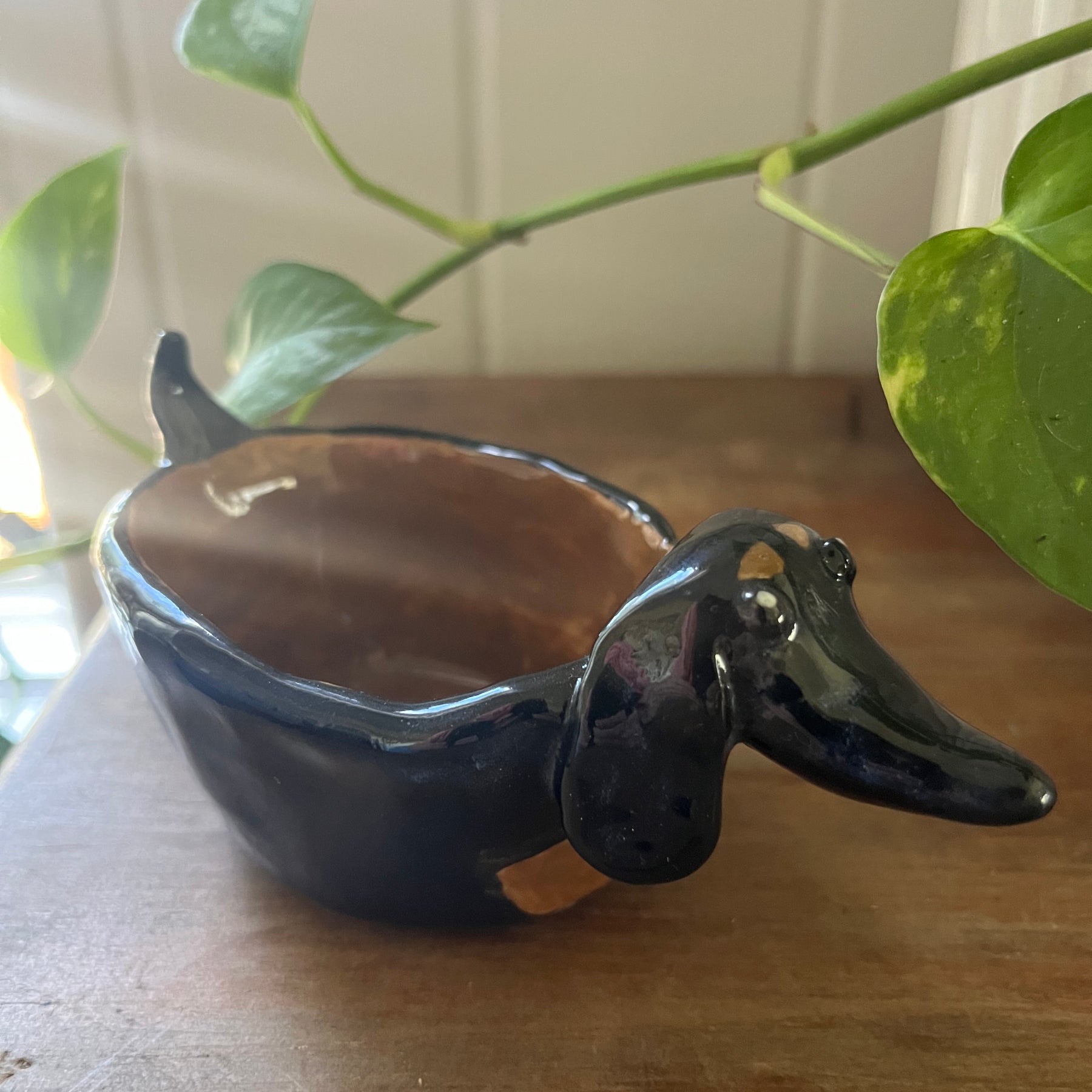 SOLD - Hand-built Pottery Dachshund Planter