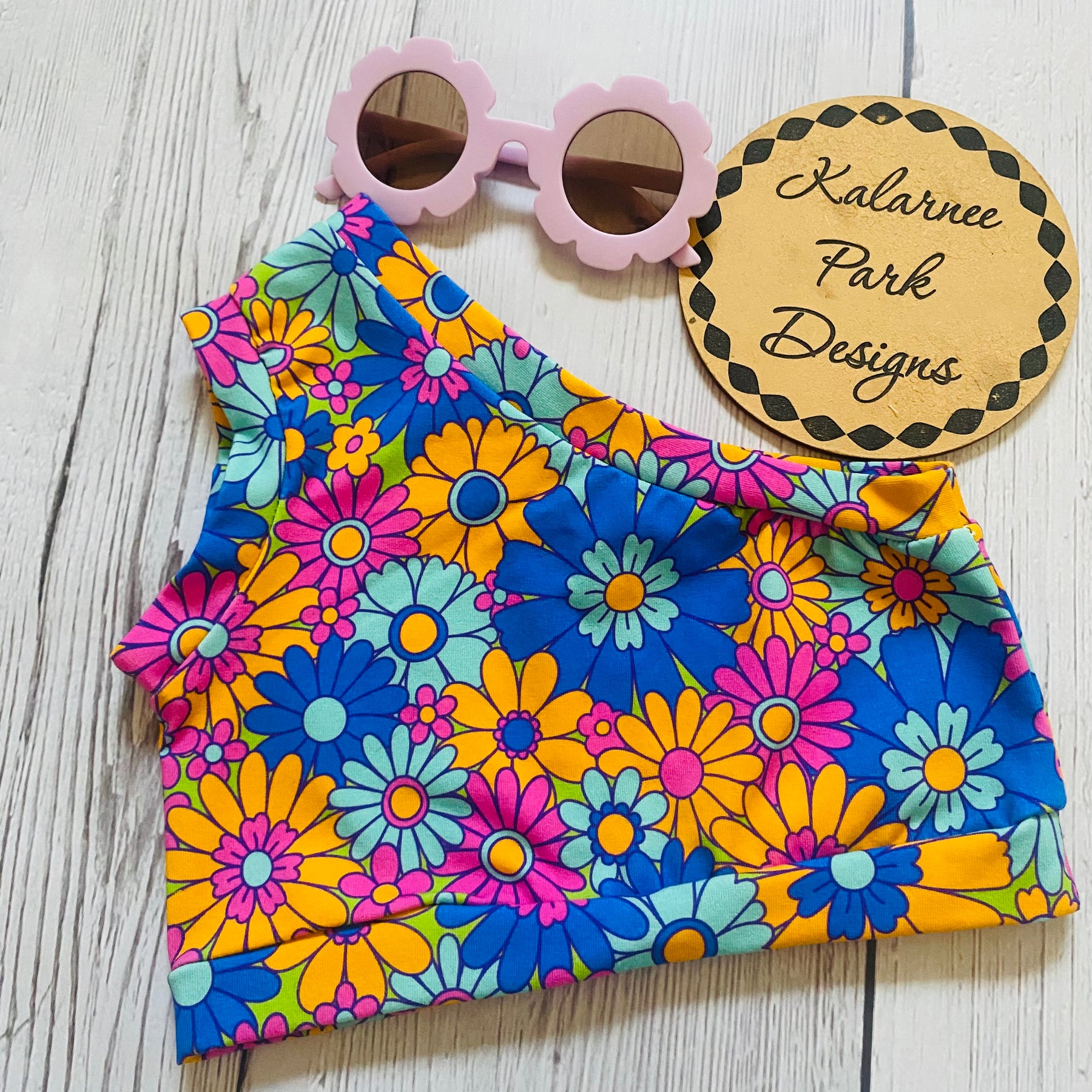 Flower Power One Shoulder Tank Top and Bellbottom Pants Two Piece Set Size 2-3 years