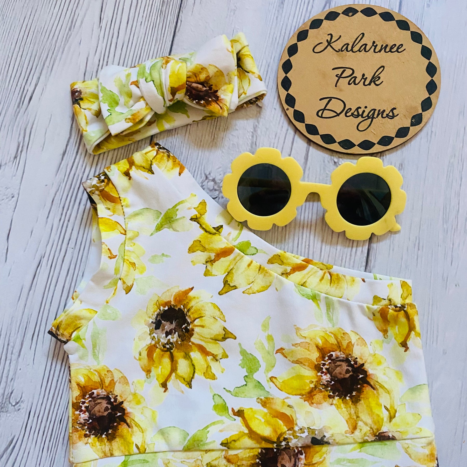 Sunflowers One Shoulder Tank Flares and Knot Headband Three Piece Set Size 1