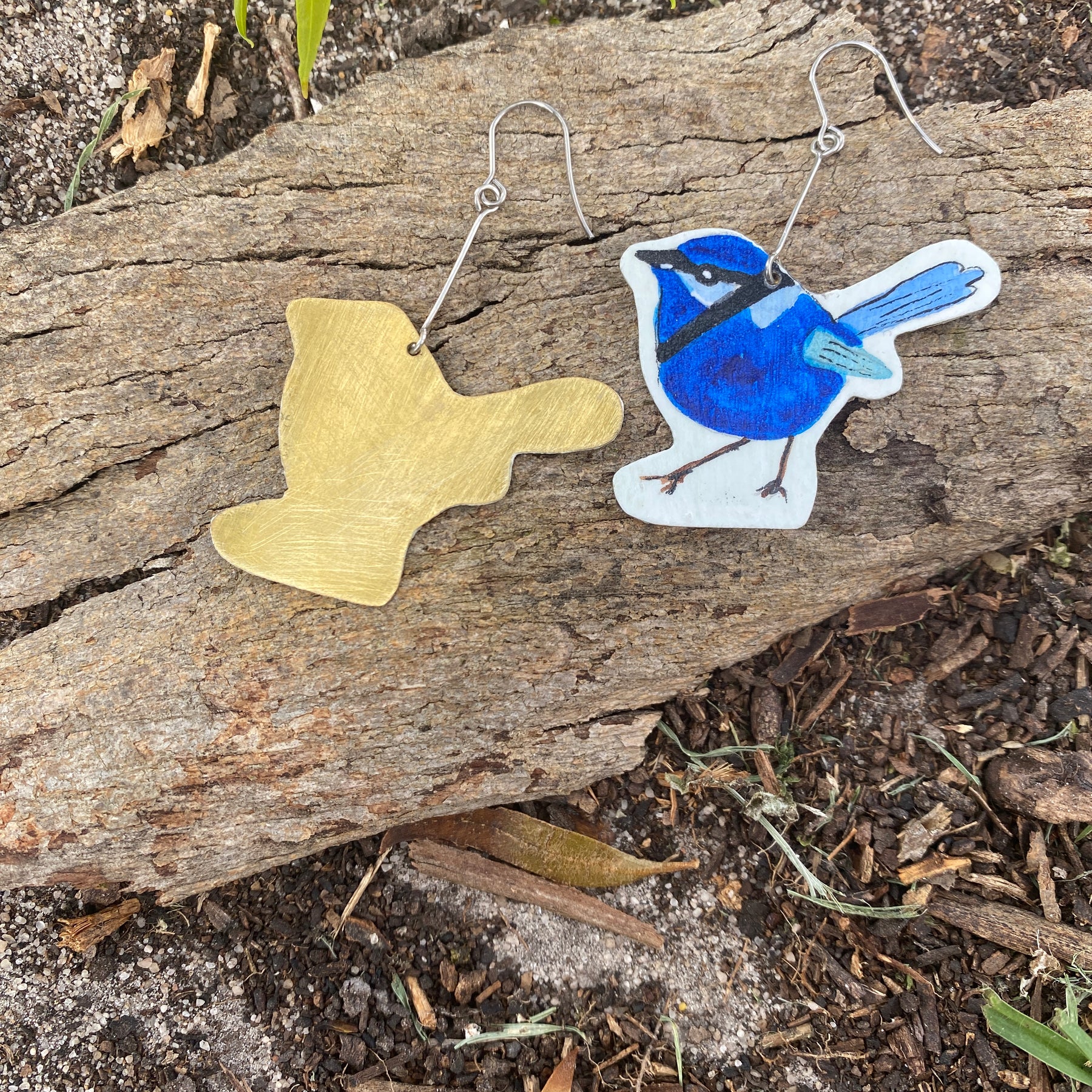 Fairy Wren Earrings - Hand-painted brass statement jewellery